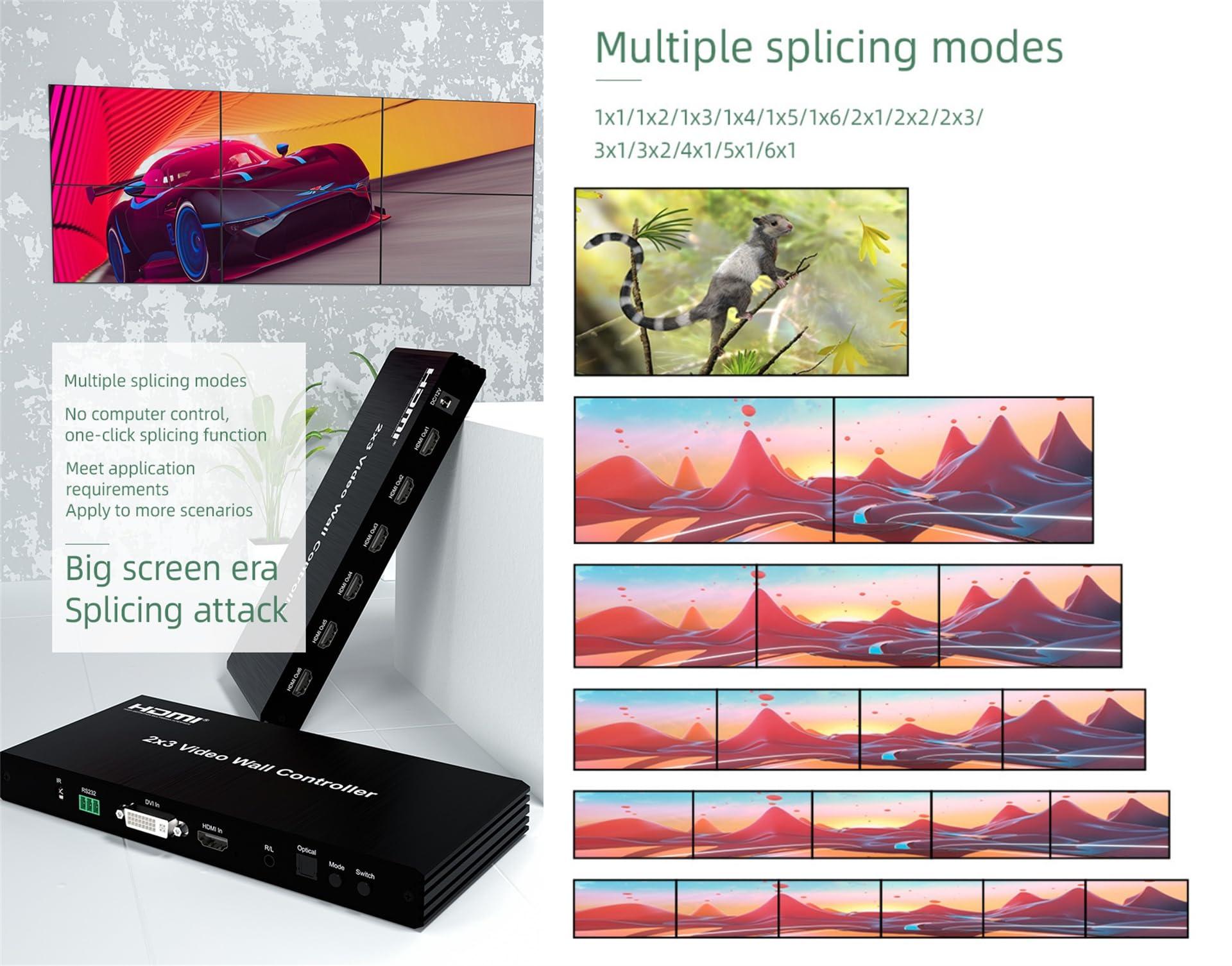 XYKJOBC 2x3 HDMI Video Wall Controller DVI TV Wall Processor with Audio 1080P 60Hz 2x3 2x2 2x1 1x2 3x2 TV Wall 6 Screen Video Wall Stitching Processor TV Splicing Box 180 Degree Rotate