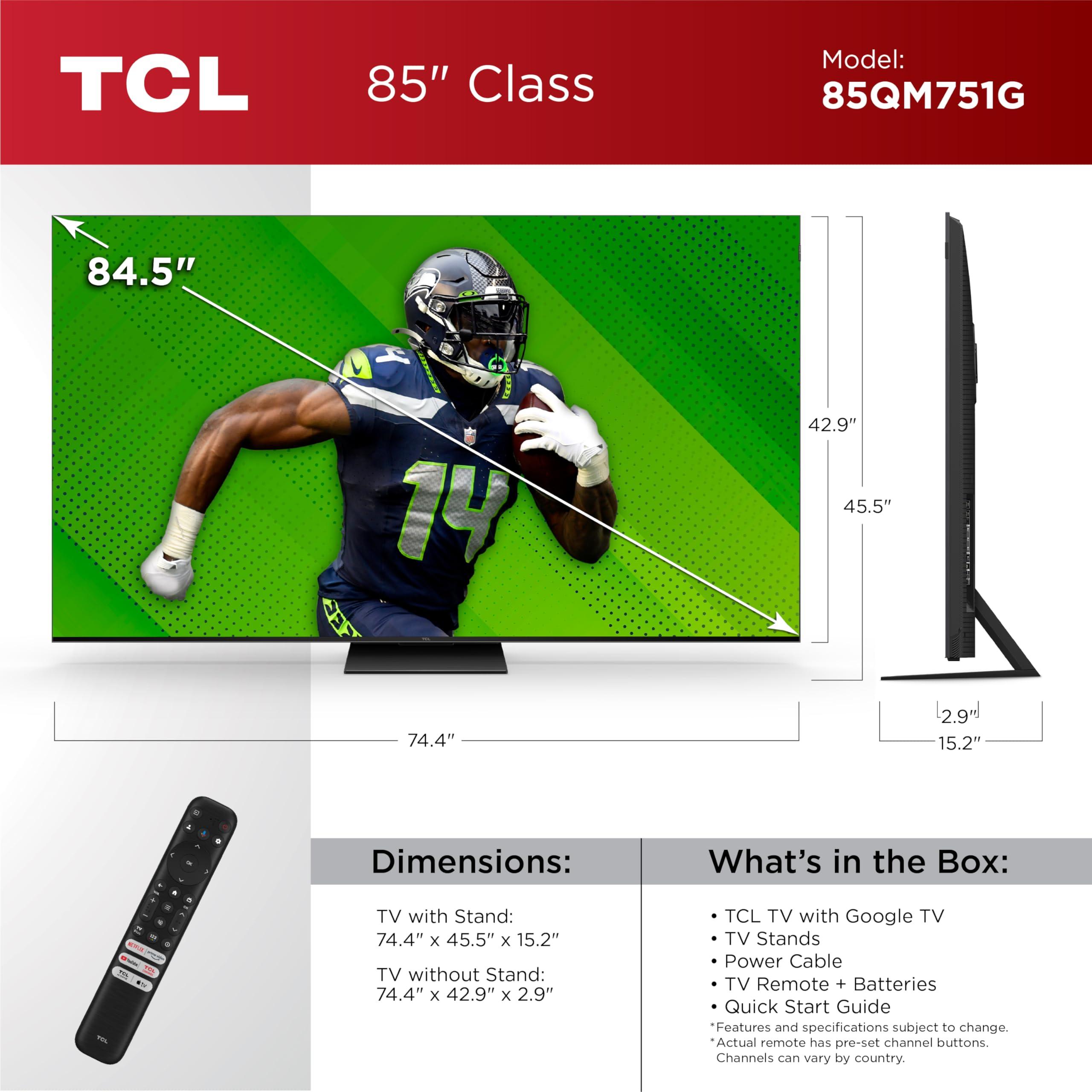 TCL TCL 85-Inch QM7 QLED 4K Smart QD-Mini LED TV with Google TV (85QM751G, 2024 Model) Dolby Vision IQ, Dolby Atmos, HDR, Game Accelerator up to 240Hz, Voice Remote, Works with Alexa, Streaming Television