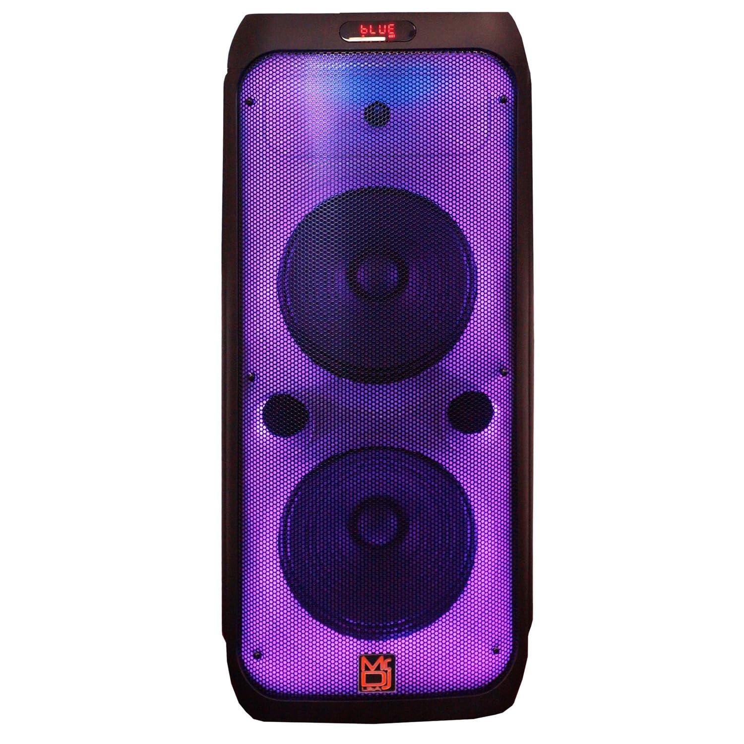 Mr. Dj MR DJ USA FLAME4200 10\" X 2 Rechargeable Portable Bluetooth Karaoke Speaker with Party Flame Lights Microphone TWS USB FM Radio + 7-LED Moving Head DJ Light