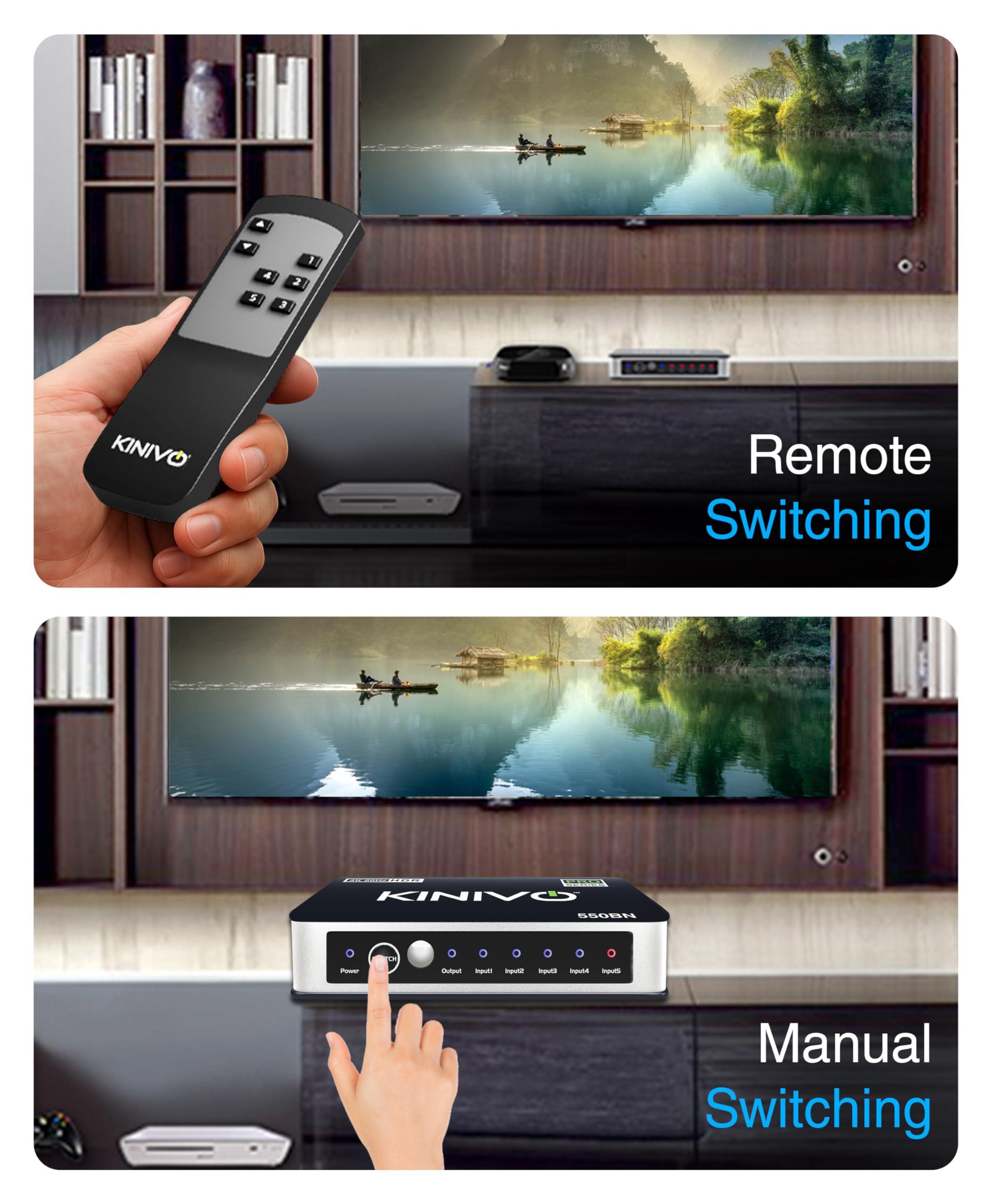 Kinivo Kinivo HDMI Switch 4K HDR 550BN (5 in 1 Out, 4K 60Hz HDR, HDMI 2.0, High Speed 18Gbps, IR Remote, HDCP) - Compatible with Roku, PS5, Xbox, Apple TV, Nintendo Switch, Cable Box