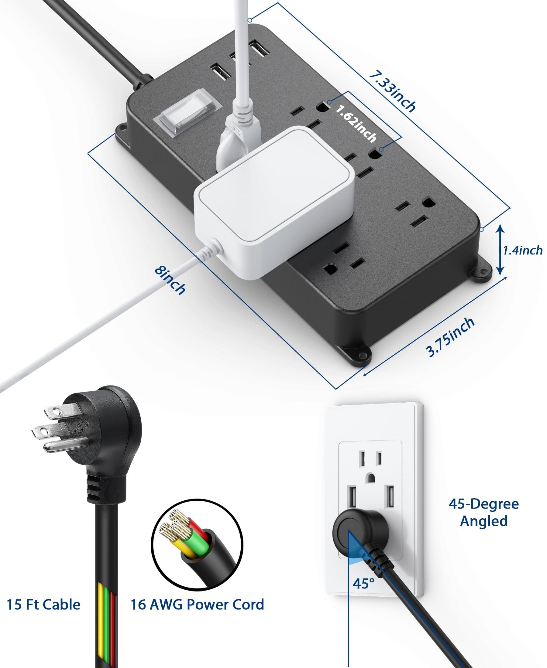 Jgstkcity Outdoor Power Strip Weatherproof with USB,Waterproof Surge Protector,3 USB Ports, 6 Outlets,Multi Plug Electrical Outlet for Camping,Garden,Home Office Patio Porch,etc,15FT Cord,Flat Plug