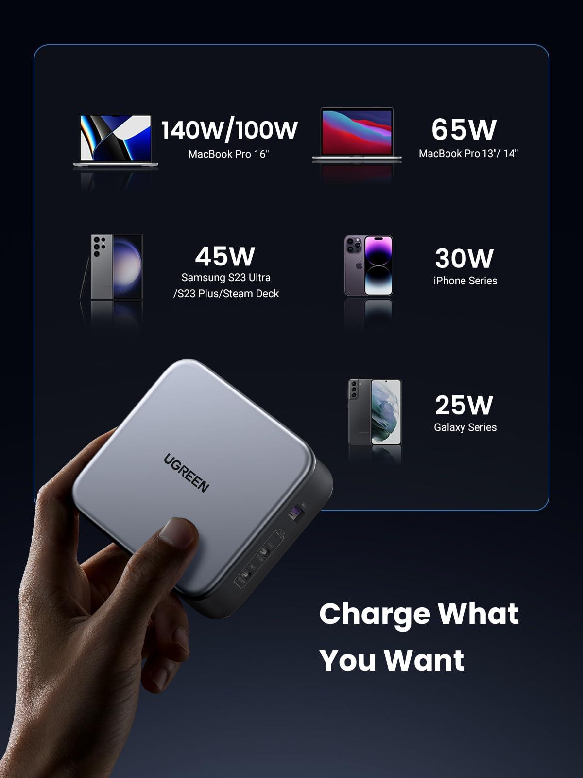 UGREEN UGREEN 140W USB C Charger, Mac Book Pro Charger Nexode PD3.1 PPS 3-Port Foldable GaN Fast Laptop Wall Charger Power Adapter for MacBook Pro 16\'\', iPhone 16/15, Chromebook (with 240W Cable)