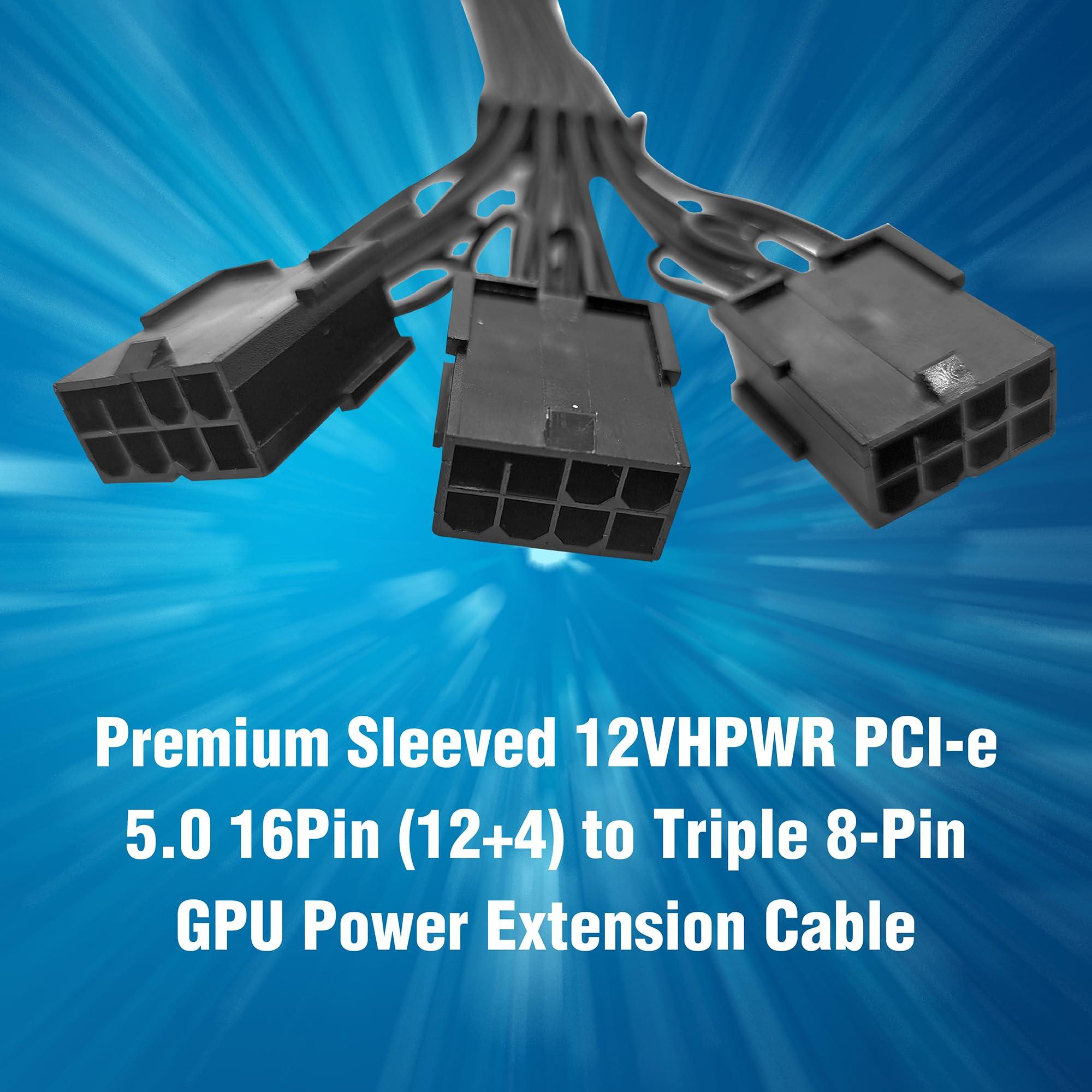 MICRO CONNECTORS Micro Connectors Premium Sleeved 12VHPWR PCI-e 5.0 16Pin (12+4) to Triple 8-Pin GPU Power Extension Cable (F04-303BK)