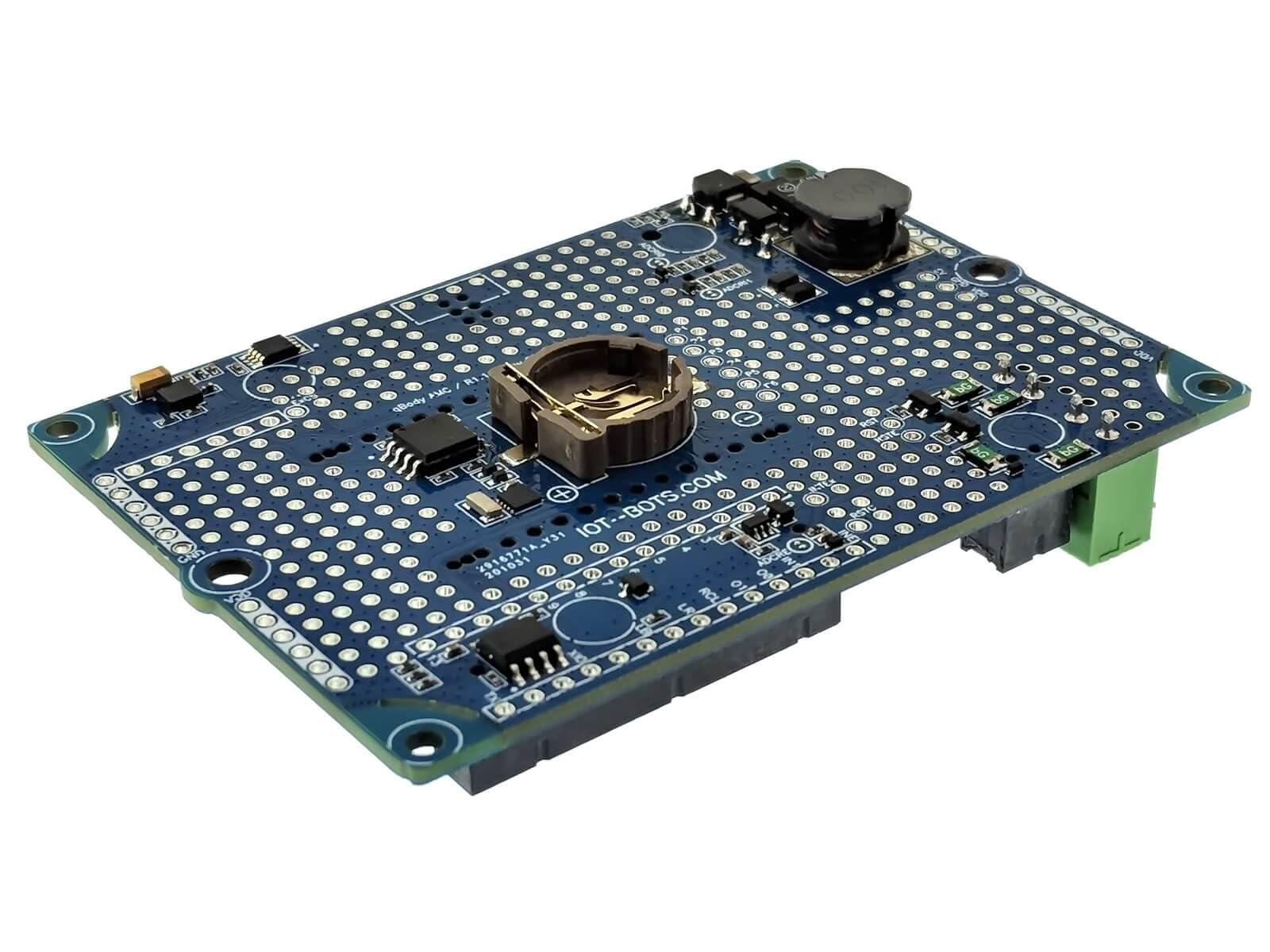 IOT-BOTS.COM qBody Arduino MKR Compatible Interface Board with installed Arduino MKR Compatible connectors, DC/DC, Temperature and Motion sensors, RTC, Serial Flash, INs / OUTs, RS485, 1-Wire,GROVE and JST I2C.