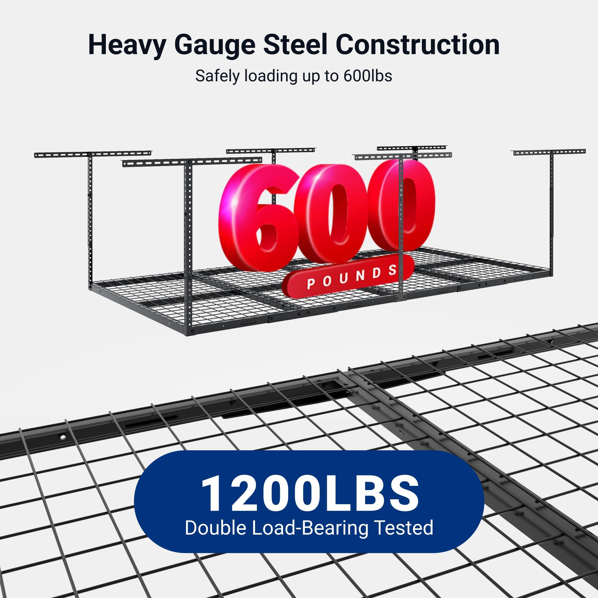 FLEXIMOUNTS FLEXIMOUNTS 4x8 Overhead Garage Storage Rack, Adjustable Garage Storage Organization Systerm, Heavy Duty Metal Garage Ceiling Storage Racks, 600lbs Weight Capacity, Black