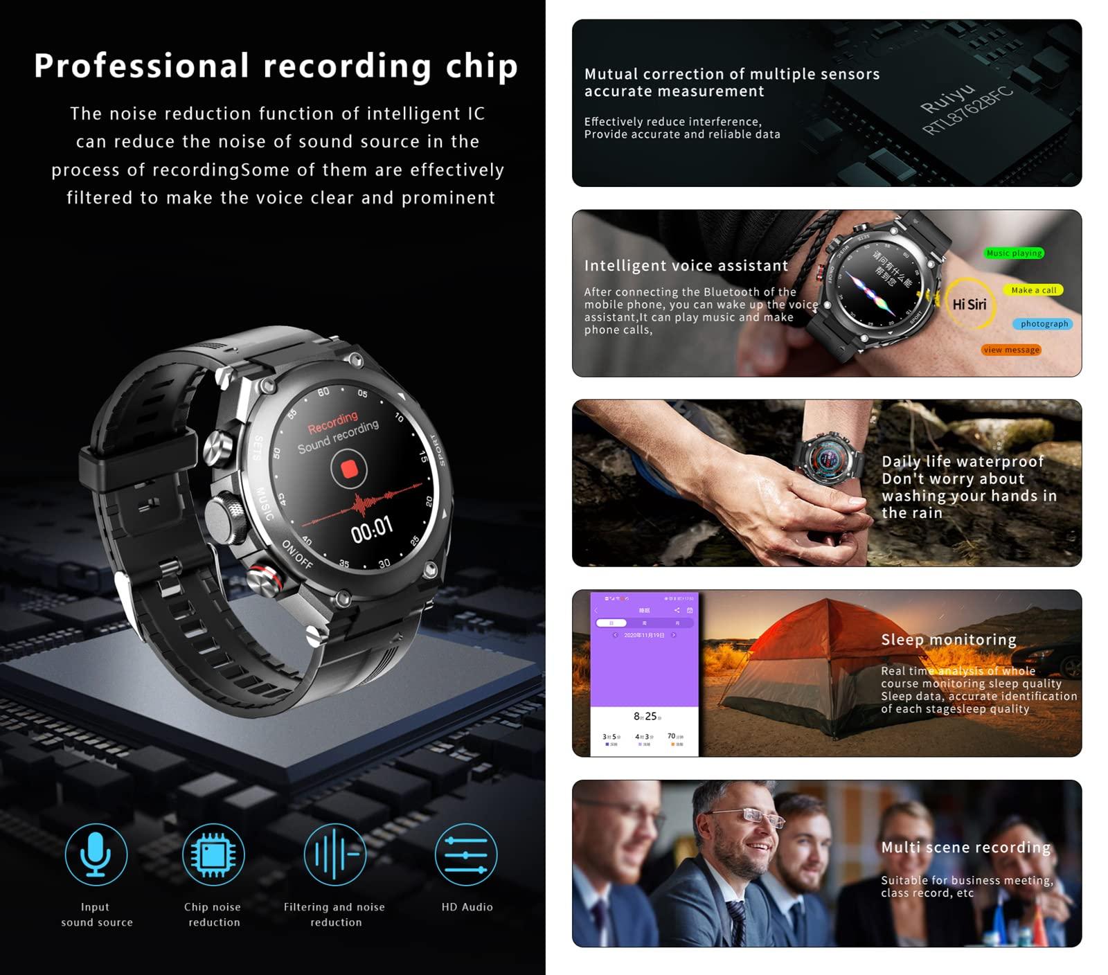 Tuanzi T92 Smart Watch with Earbuds MP3 Bluetooth Headset 3 in 1 1.28 Inch Smartwatch Built-in Wireless Earbuds Speaker Round Fitness Tracker Music Body Health Monitor (Black)