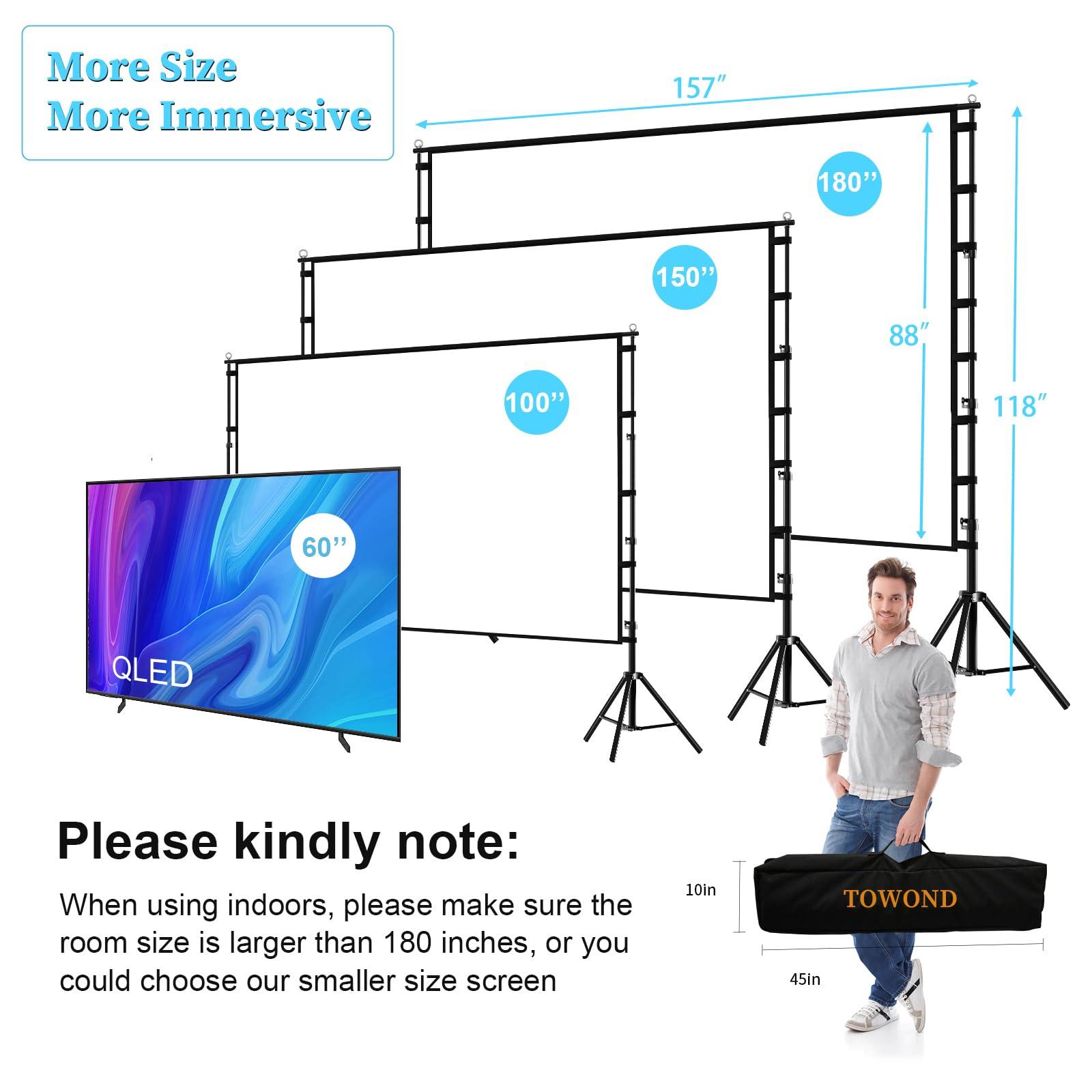 TOWOND Projector Screen and Stand,TOWOND 180 inch Outdoor Projection Screen, Portable 16:9 4K HD Rear Front Movie Screen with Carry Bag Wrinkle-Free Design for Theater Backyard Cinema