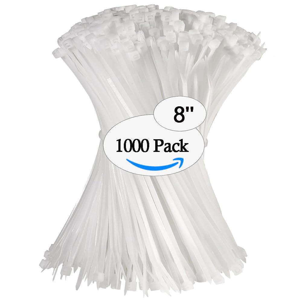 PLWCAMI White Zip Ties 8 Inch (1000 pack) Heavy Duty Self Locking clear Zipties Tensile Strength 40 Pound Clear Industrial 8\" Cable Ties Wraps for Home Office Garden Fence Garage indoor outdoor