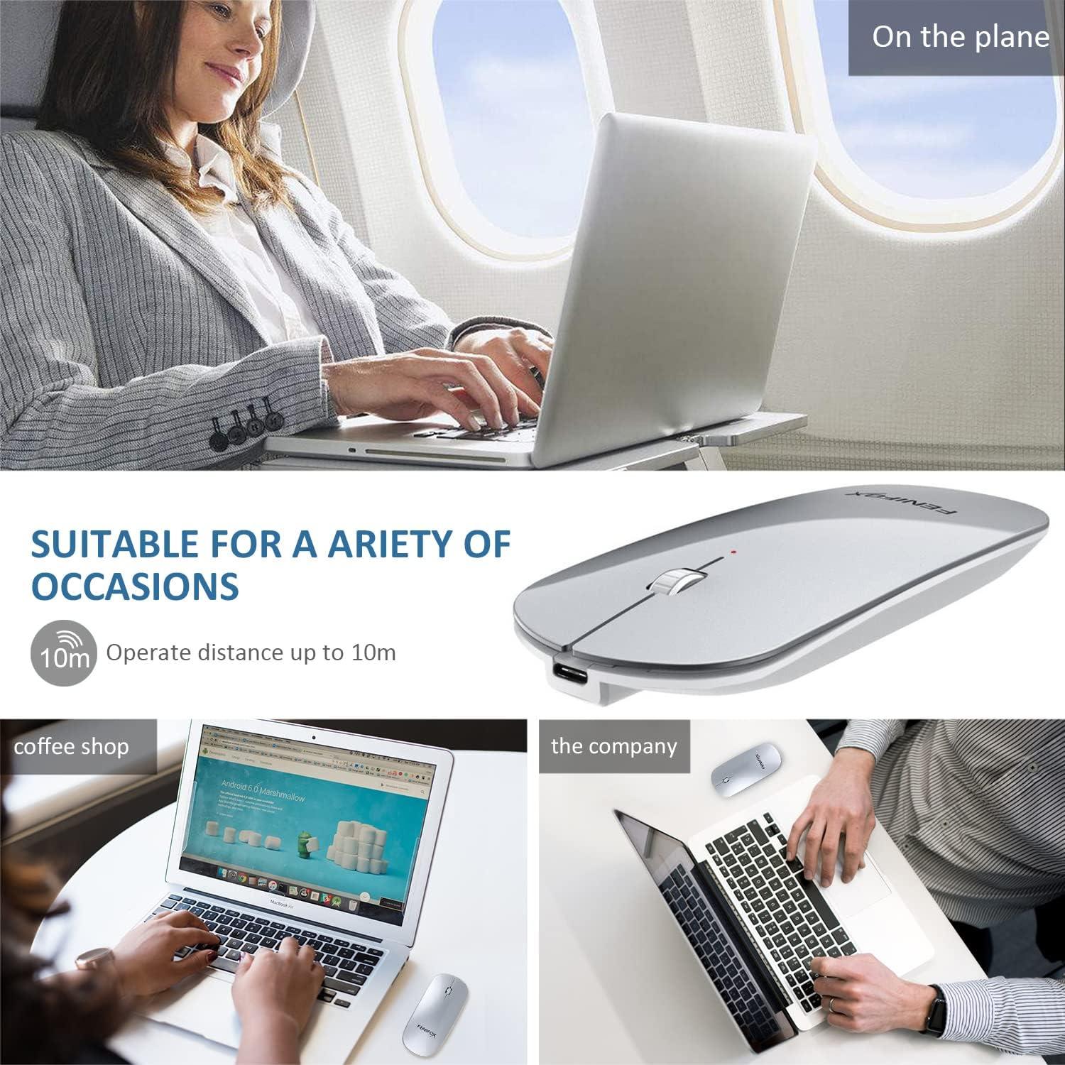 FENIFOX FENIFOX Bluetooth Mouse, Slim Mini Portable Flat Travel Wireless Mouse Rechargeable Quiet Ultra-Thin Mice Compatible with Laptop,Tablet,Notebook,PC (Silver and White)