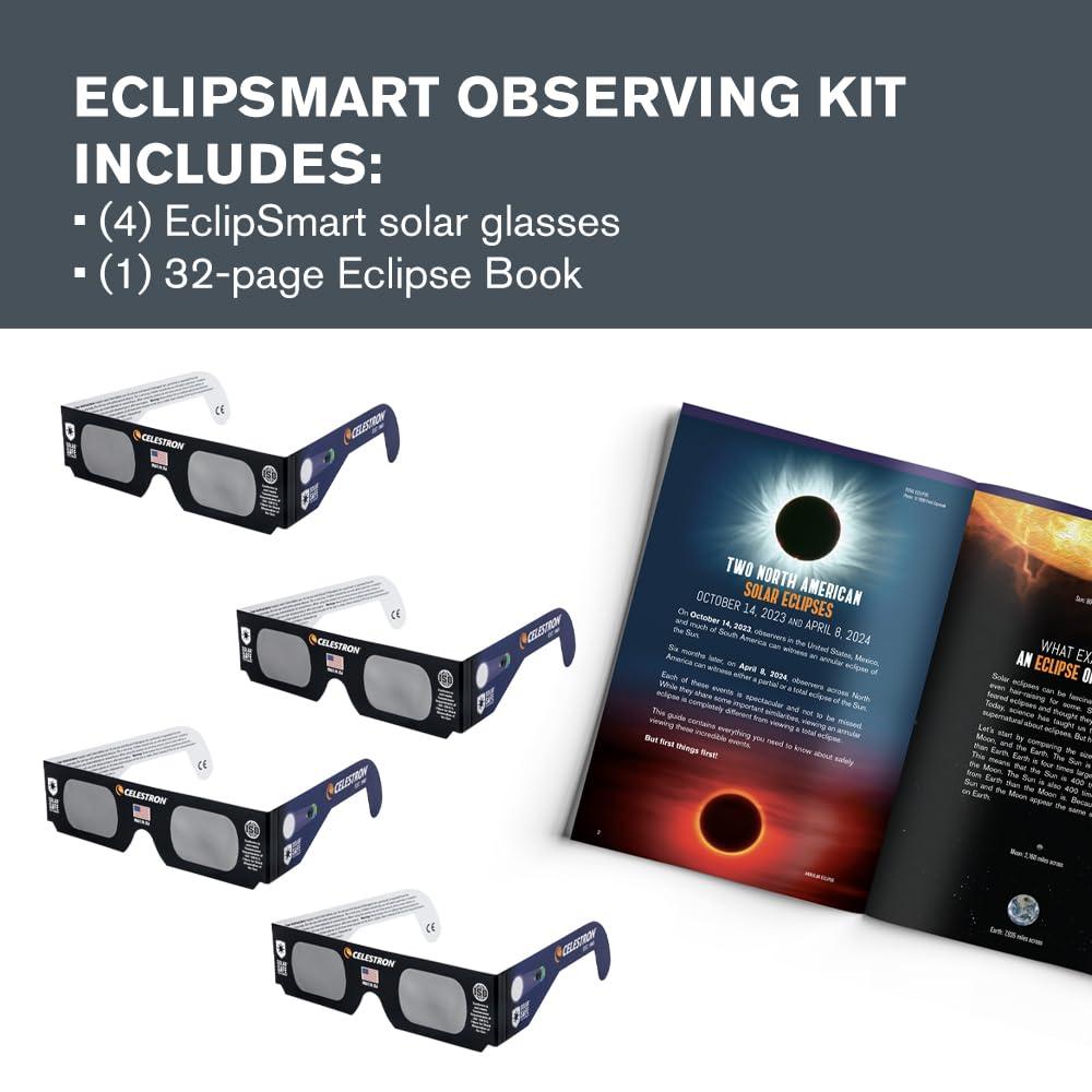 Celestron Celestron EclipSmart Solar Shades Observing Kit Meets ISO 12312-2:2015(E) Standards Four Eclipse Glasses & Guidebook Perfect for Safe Sun Viewing and Sunspots