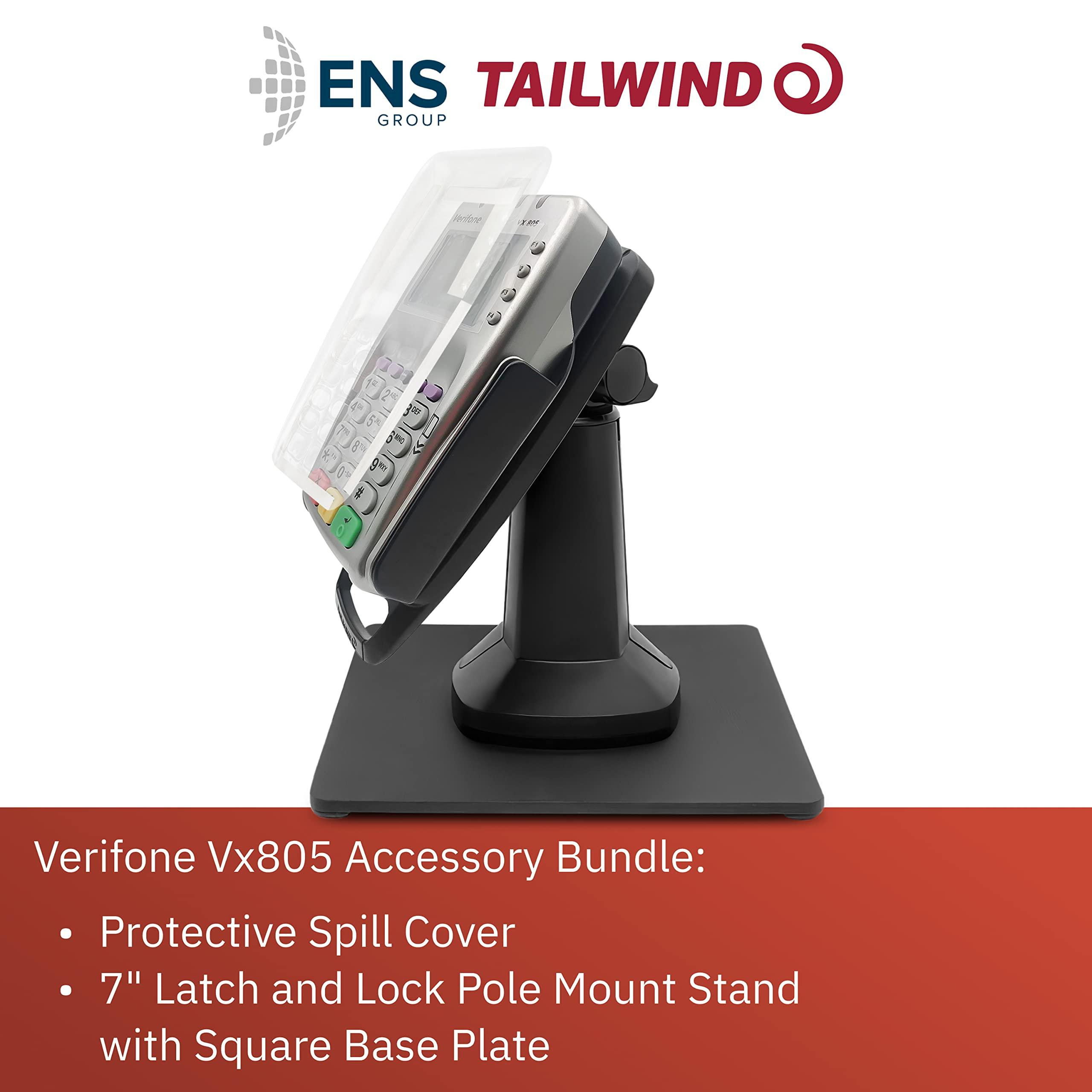 Tailwind ENS Tailwind Verifone Vx805 7" Latch and Lock Compact Pole Mount PIN Pad Stand with Full Device Protective Spill Cover and Square Freestanding Mobility Base Plate, Black