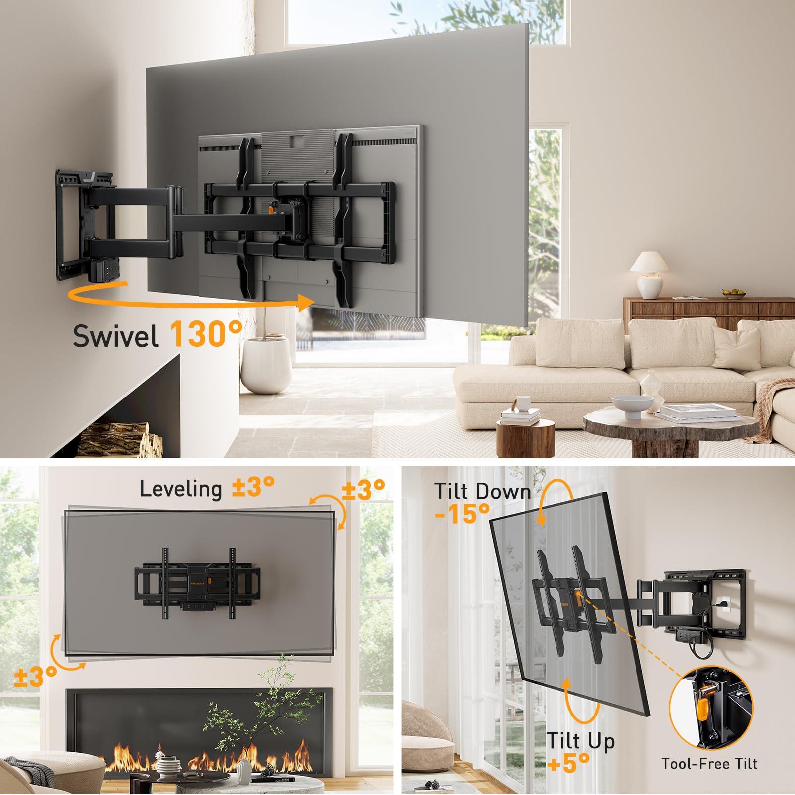 Perlegear Perlegear Full Motion TV Wall Mount with Power Strip for 4290 Inch TVs up to 150 lbs, Pre-Assembled TV Mount Has Smooth Swivel, Tilt, Extension, Max VESA 600x400mm, 12/16/24 Wood Studs, PGLF11