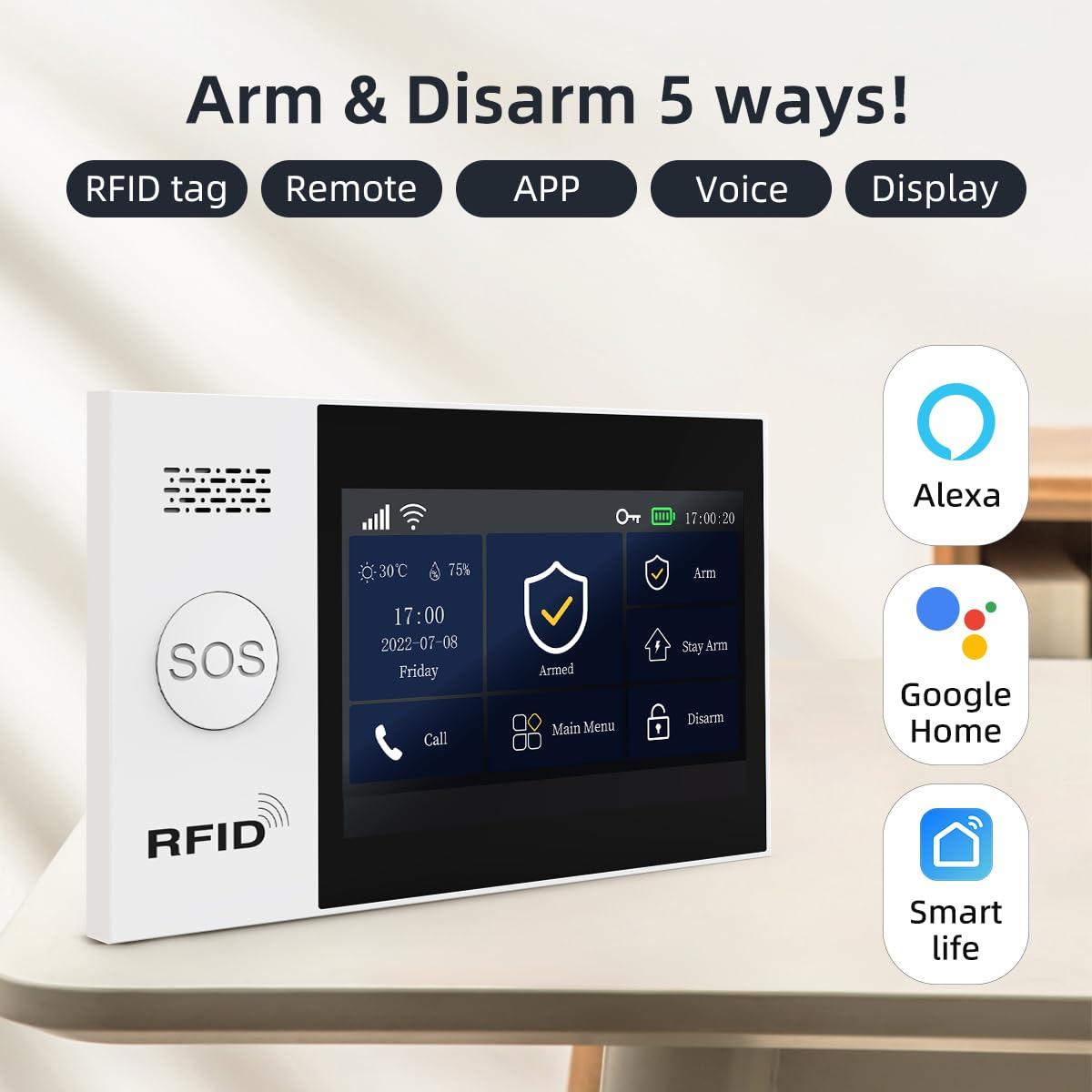Clouree Touch Screen Alarm System for Whole House Security, WiFi Wireless Home Alarm 20 Piece Kit with Siren, PIR Motion Sensor, Remote Controls, Window/Door Sensor,Support SMS Push