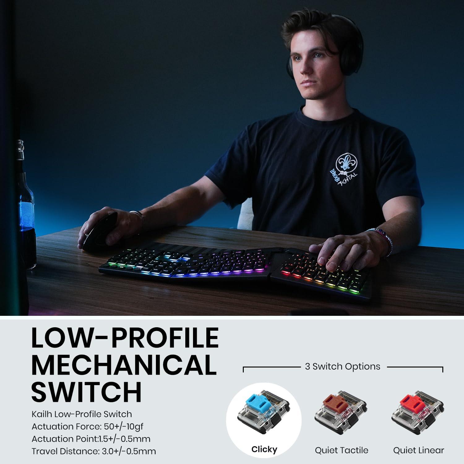 Perixx Perixx PERIBOARD-835BL Wireless Ergonomic Mechanical Keyboard - RGB Backlit - Low-Profile Blue Clicky Switches - Multi-Device Connection - Compatible with Windows and Mac OS X - US English