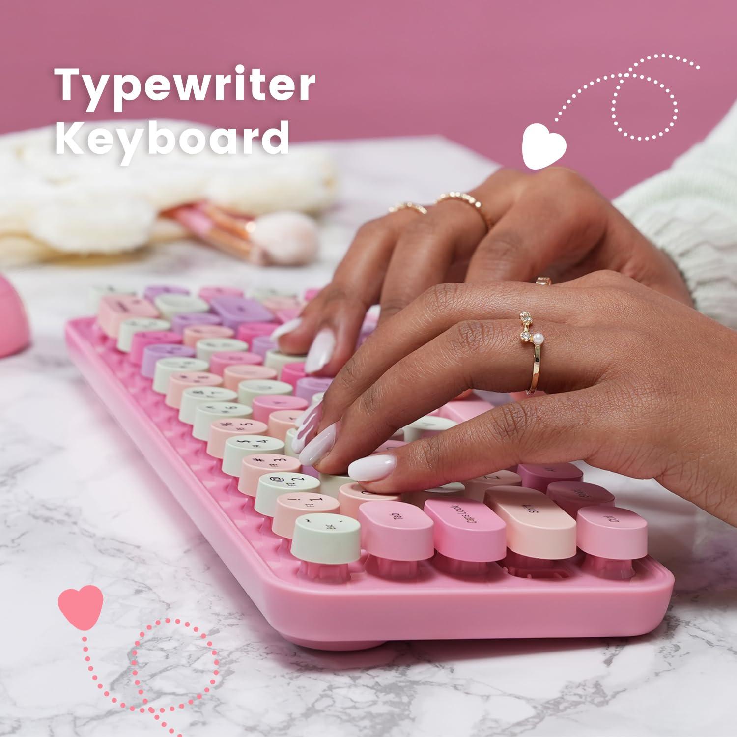 Perixx Perixx PERIDUO-802PK Bluetooth Mini Keyboard and Mouse Combo - Retro Round Key Caps - Pastel Pink - US English