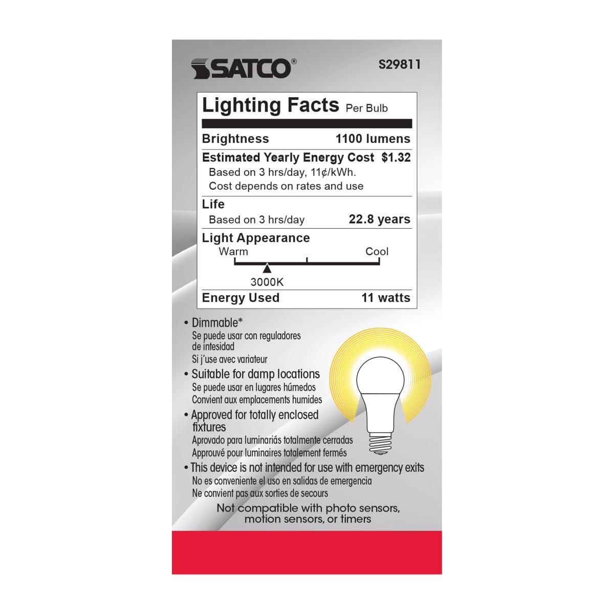 Satco Satco Lighting S29811-11 Watt A19 LED Dimmable Frosted Light Bulbs - 3000K - Medium Base - 1100 Lumens - 220 Degree Beam Angle -120 Volts (6 Pack)