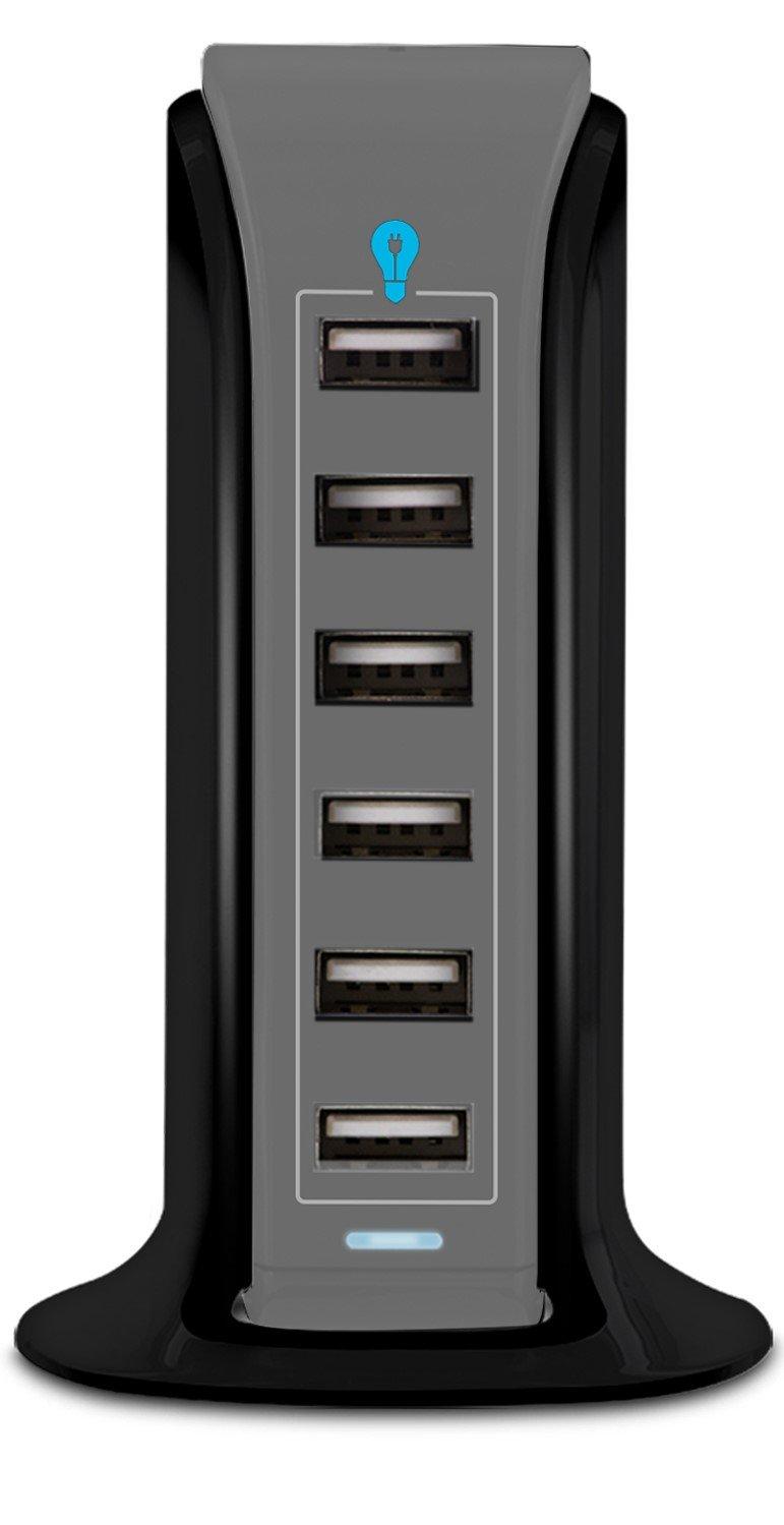 Aduro Aduro 40W 6-Port USB Desktop Charging Station Hub Wall Charger for iPhone iPad Tablets Smartphones with Smart Flow (Black/Grey)