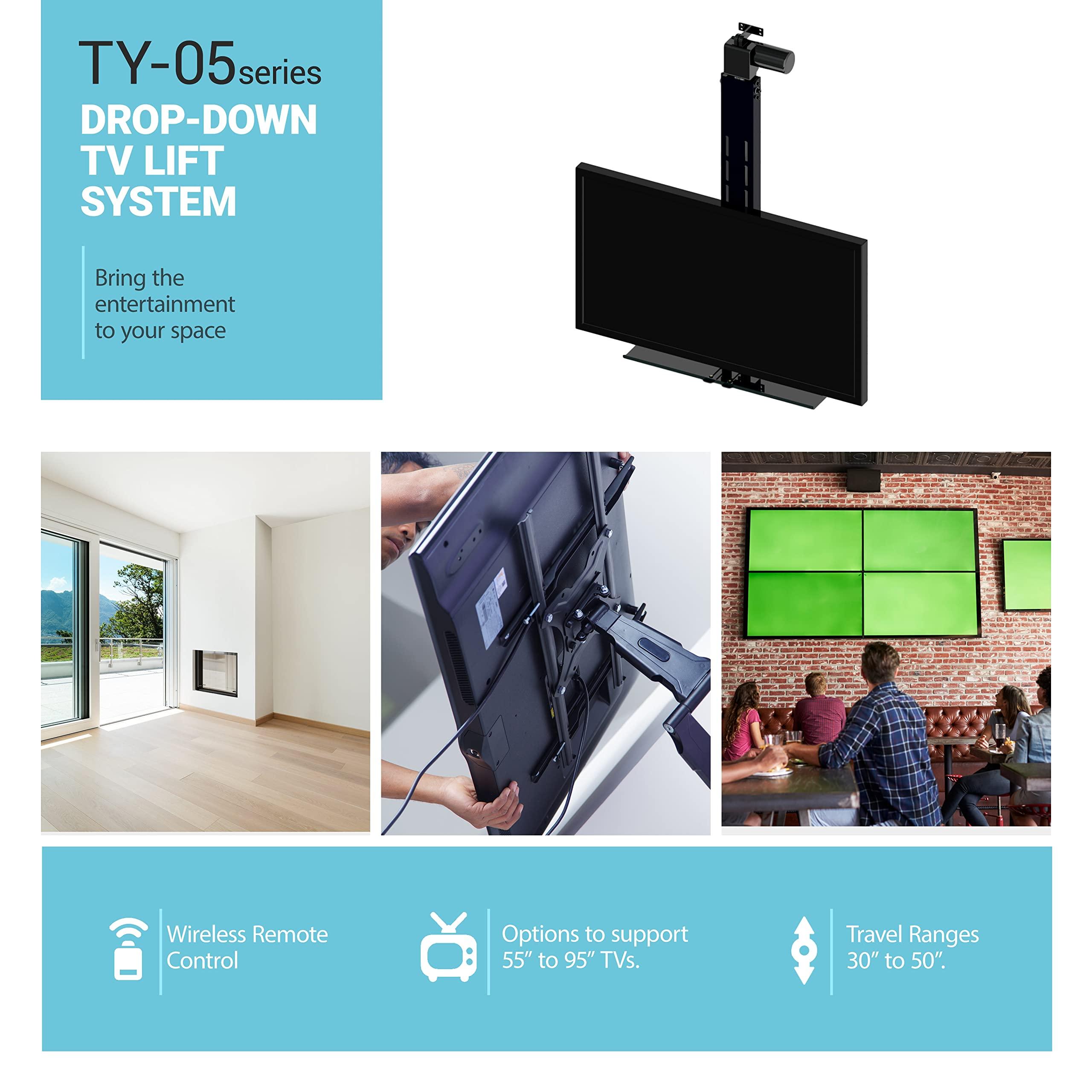 PROGRESSIVE AUTOMATIONS Hidden drop down TV lift, motorized TV ceiling Mount for Up to 95\" screens. Lift stroke 50\"