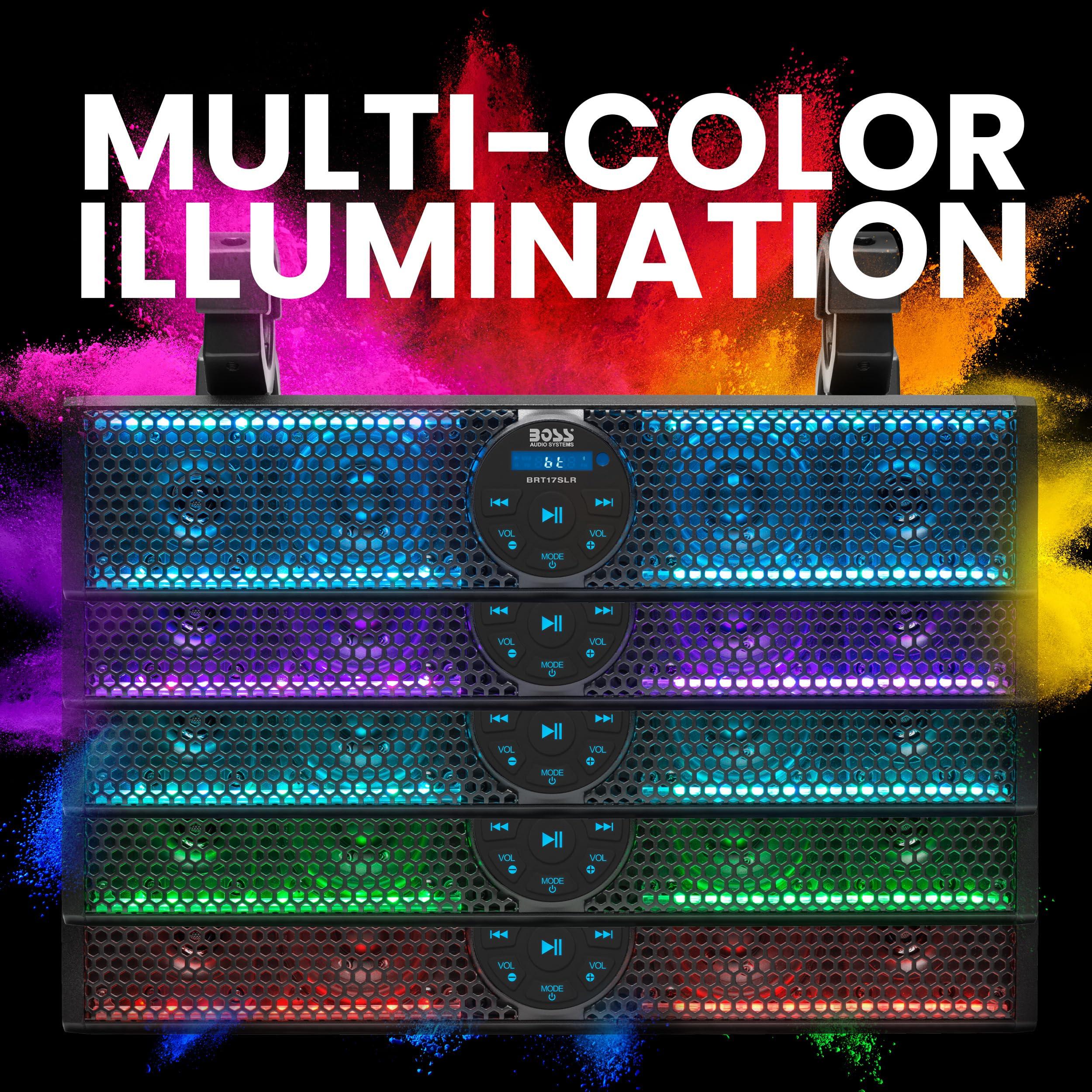 BOSS Audio Systems BOSS Audio Systems BRT17SLR ATV UTV Sound Bar - 17 Inches Wide, 3 inch Speakers, 1 Inch Tweeters, Full Range, IPX5 Weatherproof, Bluetooth, Built-in Amp, Multicolor Illumination, Golf Cart Compatible