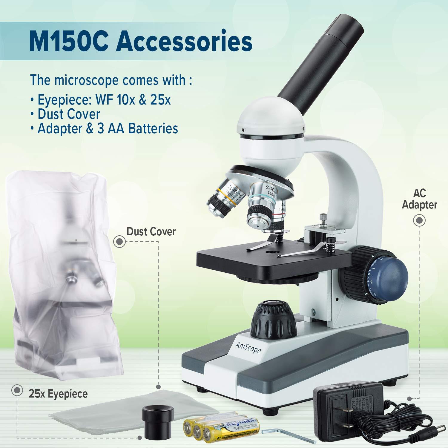 AmScope AmScope M150C-MS Compound Monocular Microscope, WF10x and WF25x Eyepieces, 40x-1000x Magnification, LED Illumination, Brightfield, Single-Lens Condenser, Coaxial Coarse and Fine Focus, Mechanical Stag