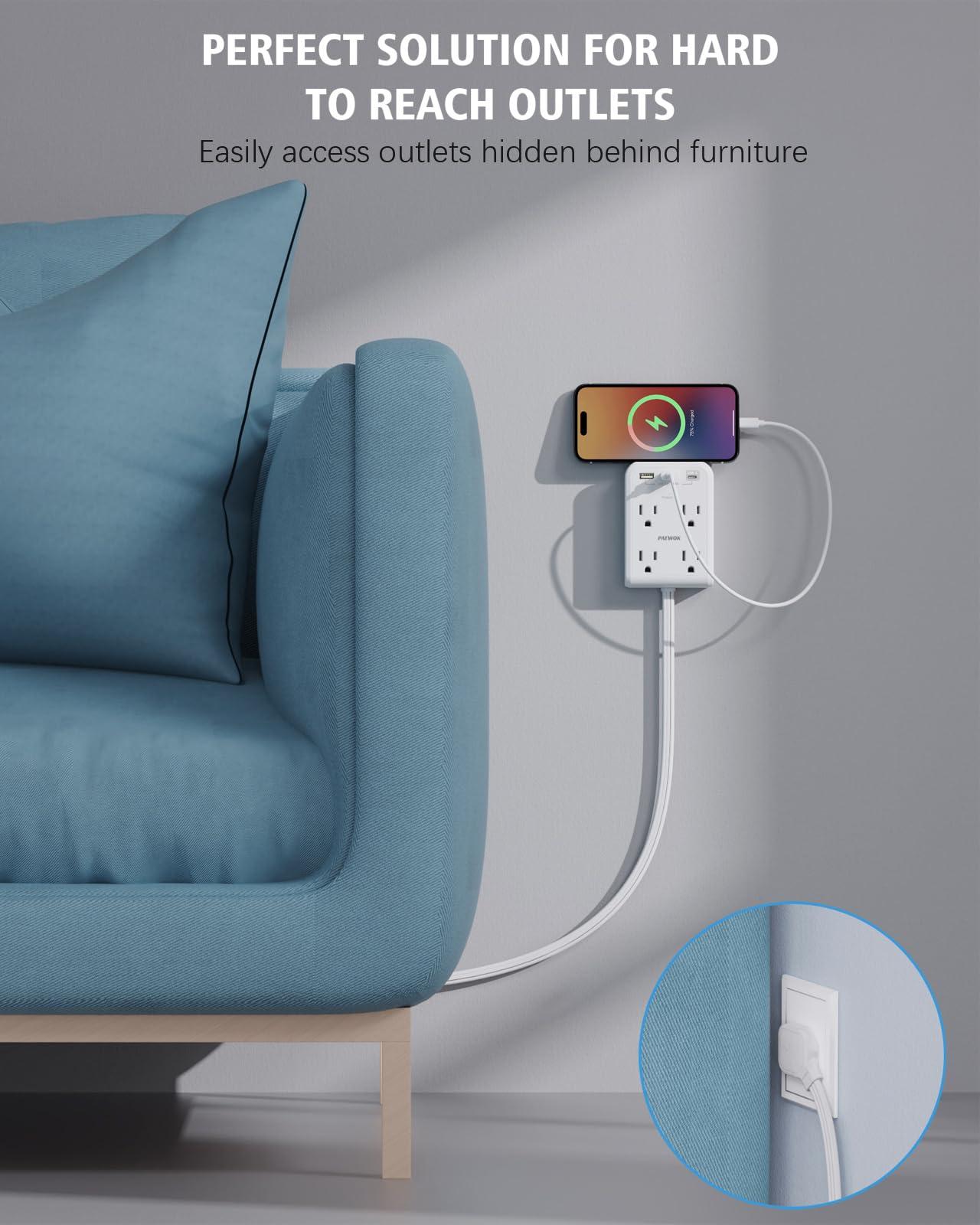 PAEWOK Flat Plug Outlet Extender with 3 USB Wall Plug(1 Type C), 4 AC Socket Wall Adapter, Electrical Outlet Extender, Power Strip Surge Protection with 8 ft Thin Extension Cord. White