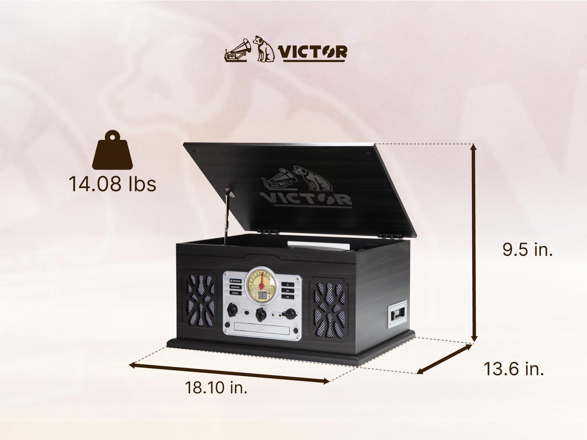 VICTOR Victor VWRP-3800 State 7-in-1 Turntable Music Center with 3-Speed Record Player, CD/MP3/Cassette Player, FM Radio, Dual Bluetooth In & Out, and Built-in Stereo Speakers Perfect for Music Enthusiasts