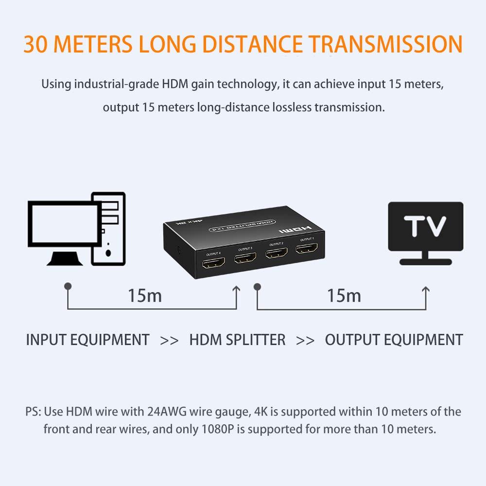 RYXN HDMI Splitter 1 in 4 Out, 1x4 HDMI Splitter Support 4K@60Hz Full HD 1080P & 3D, Compatible with Xbox PS3/4 Roku Blu-Ray Player