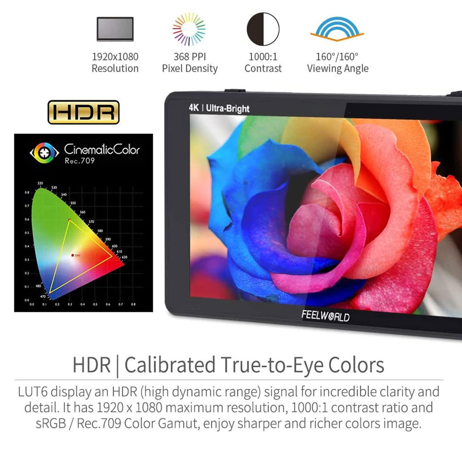 FEELWORLD FEELWORLD LUT6 6 Inch Ultra Bright 2600nits HDR/3D LUT Touch Screen DSLR Camera Field Monitor with Waveform VectorScope Histogram 4K HDMI Input Output