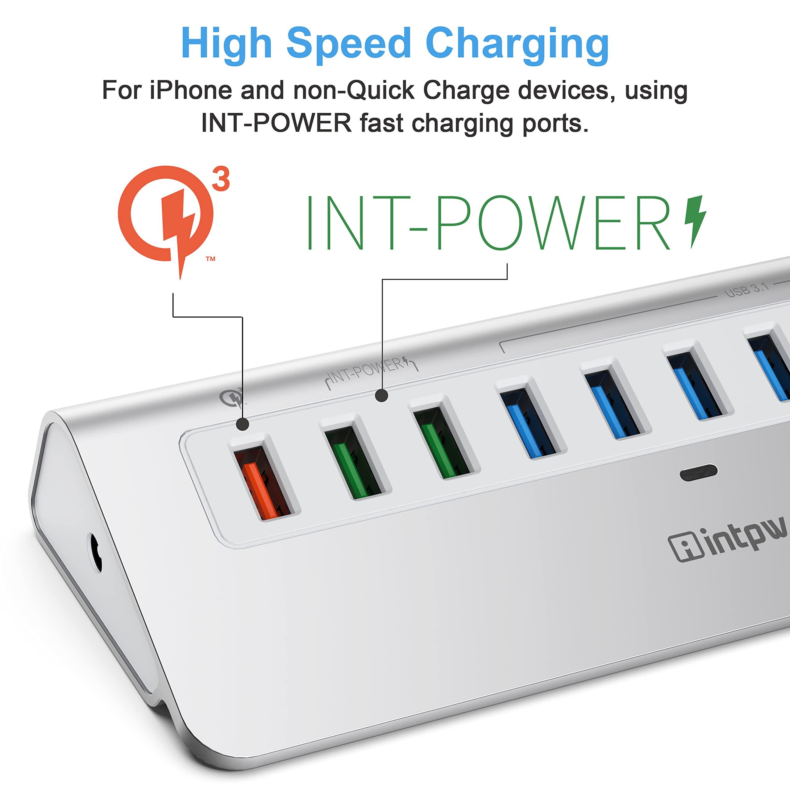 intpw Powered USB Hub 10Gbps, 10 Port USB 3.1 Gen 2 Hub with 7 USB 3.1 Data Ports, 3 Fast Charging Ports, 36W Power Adapter, Type A and Type C Cable, Aluminum USB Data Hub for Mac, PC, Laptop