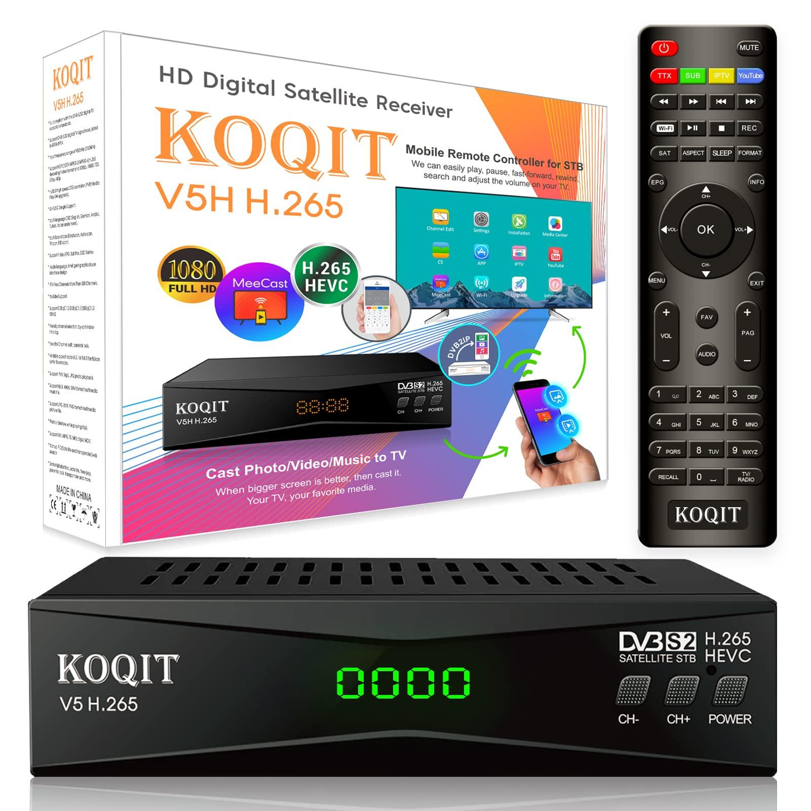 KOQIT Koqit V5H H.265 Free To Air FTA Satellite Receiver DVB-S2 Satellite TV Receiver HEVC DVB S2 Galaxy 19 Receivers Sat DVB Finder Meecast Biss PVU YouTube TV Decoder DVB2IP Box