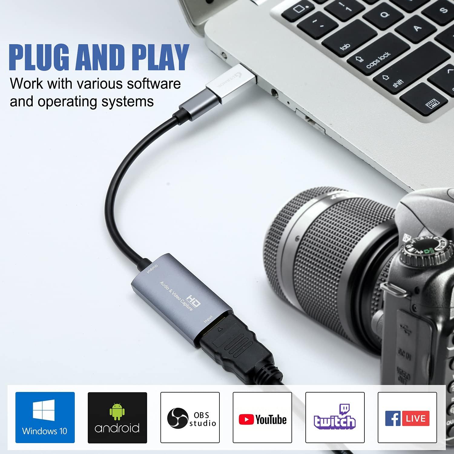 Guermok Guermok Video Capture Card, USB3.0 HDMI to USB C Audio Capture Card, 4K 1080P 60FPS Capture with Type-C Adapter Devices for Gaming Live Streaming, Video Recorder, Windows Mac OS System OBS Zoom
