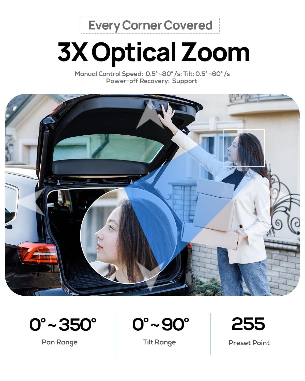 VIKYLIN 6MP IP PoE PTZ Camera Outdoor with Pan/Tilt 3X Optical Zoom,2.8-8mm Motorized Lens,98ft IR Night Vision, Built-in Mic, Human/Vehicle Detection,IP66&IK10, Blue Iris, NDAA Compliant Dome Mini PTZ Camera