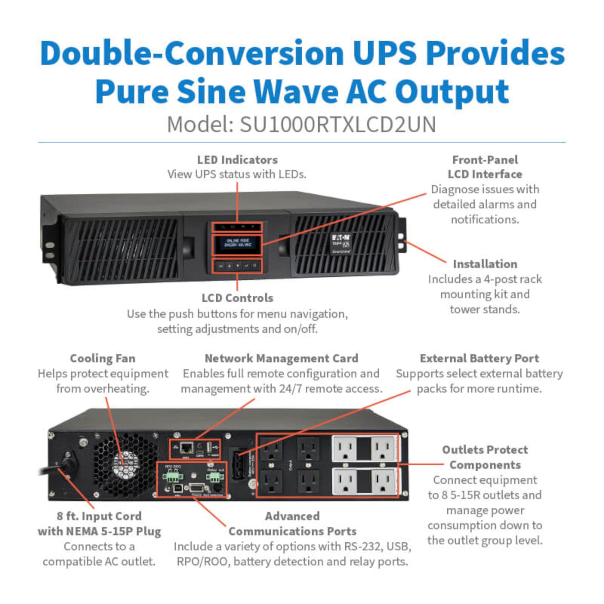 Tripp Lite 120V 1000VA 900W Double-Conversion UPS - 6 Outlets, Extended Run, WEBCARDLX, LCD, USB, DB9, 2U Rack/Tower
