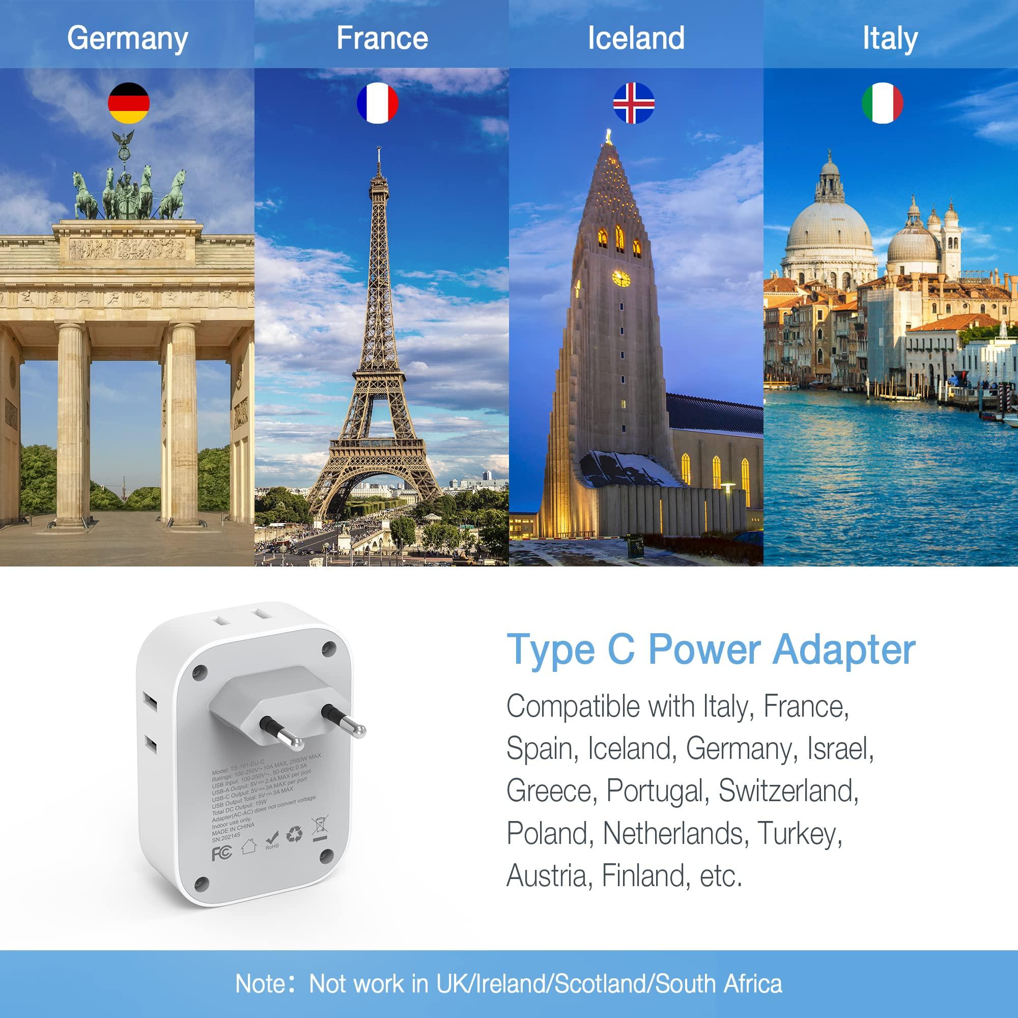 TESSAN TESSAN European Travel Plug Adapter USB C, Type C Power Adaptor with 4 AC Outlets for USA to EU Italy Iceland Spain France Greece Germany