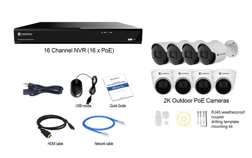 Camius Camius 4K PoE 320 Mbps 16 Channel NVR Security Camera System with 8 2K Indoor Outdoor Security Cameras, 4TB HDD (Expandable) I IP Cameras with Audio, Motion, Sound, AI Detection
