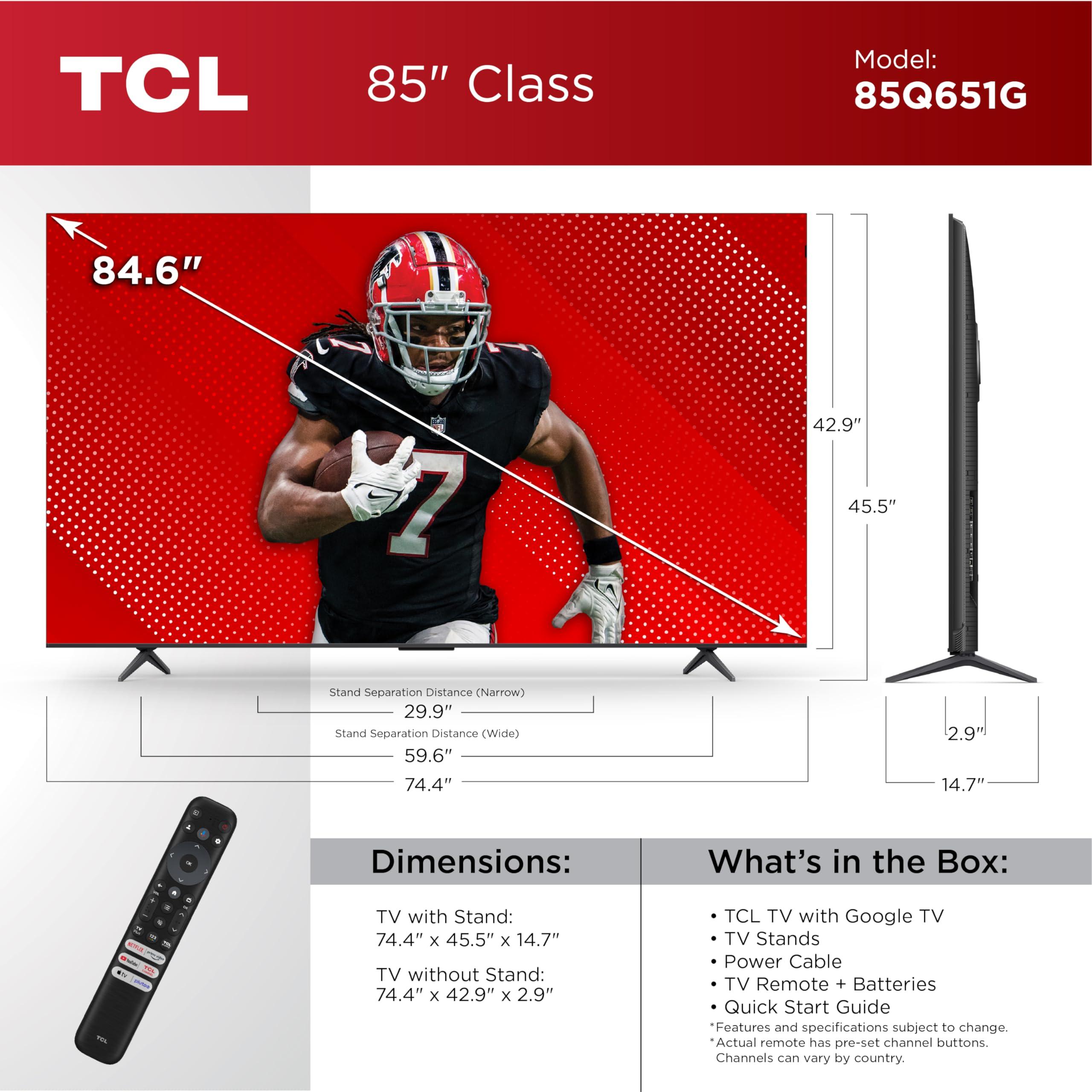 TCL TCL 85-Inch Q65 QLED 4K UHD Smart TV with Google TV (85Q651G, 2024 Model) Dolby Vision, Dolby Atmos, HDR Pro+, Game Accelerator Enhanced Gaming, Voice Remote, Works with Alexa, Streaming Television