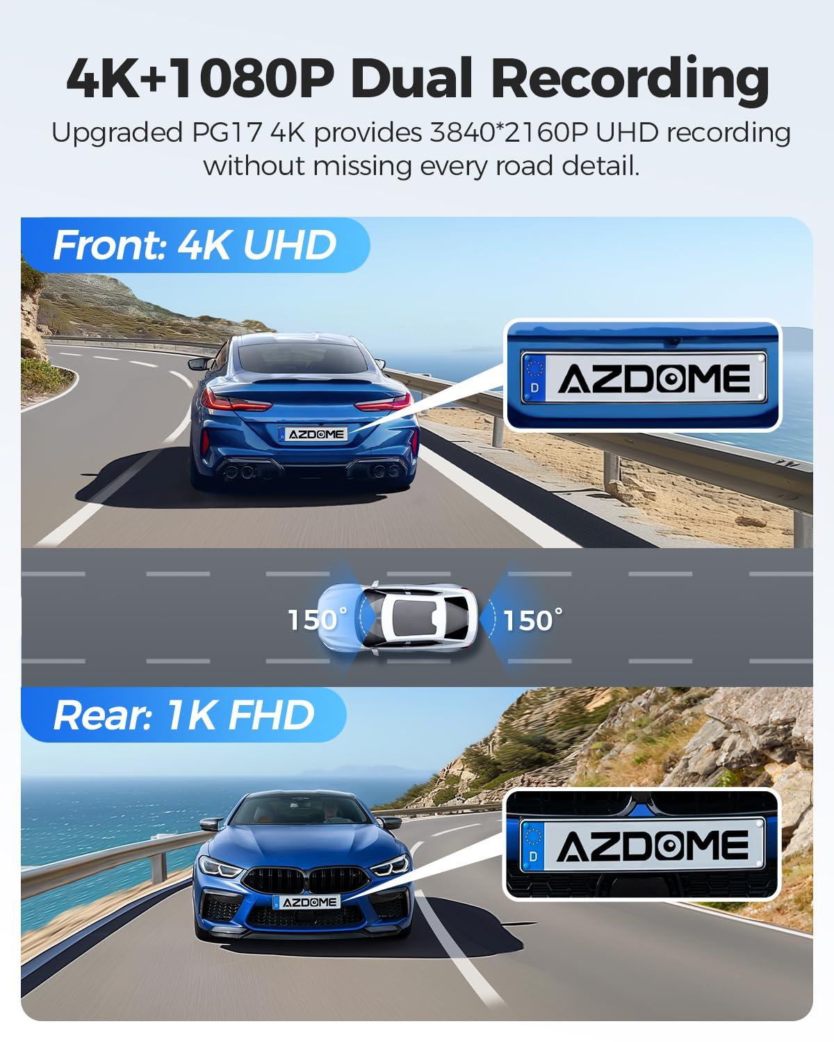 AZDOME AZDOME PG17 4K 12" Mirror Dash Cam Front and Rear, WiFi Rear View Mirror Camera with 64GB Card, Waterproof 1080P Rear Camera, GPS, Voice Control, WDR Night Vision, Driving Assistant