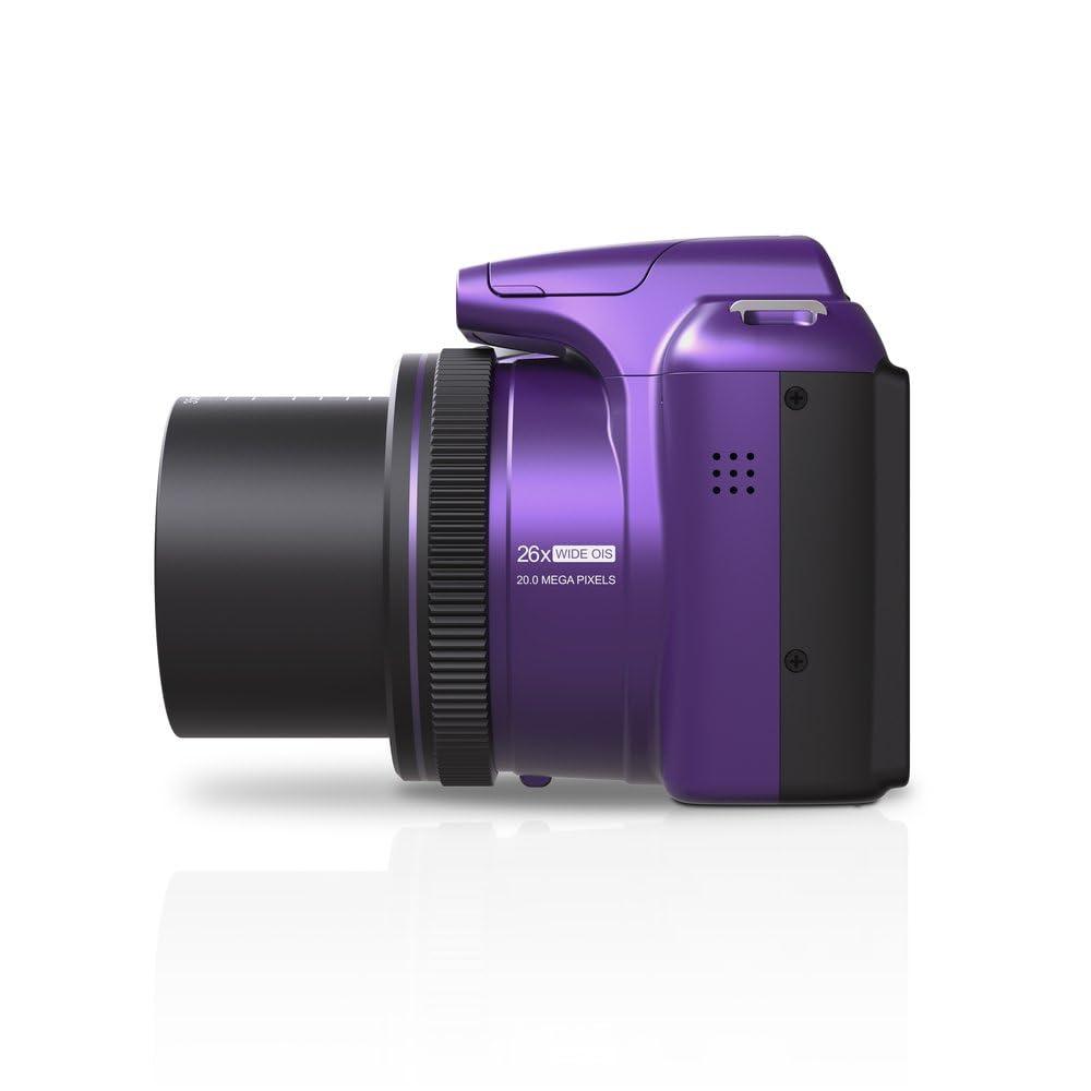 Minolta Minolta 20 Mega Pixels 26x Optical Zoom Digital Camera with 1080p FHD Video Bundle with 32 GB Memory Card + Vlogging Tripod + Cleaning kit + More Accessories - Purple