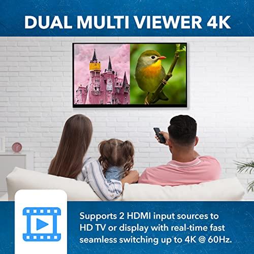 OREI OREI 4K HDMI Multi Viewer 2 in 1 Out Switcher 2 Ports Seamless IR Remote Support 4K @ 60Hz 1080P for PS4/PC/DVD/Security Camera HDMI Switch Optical Audio L/R Output - (UHD-201MV)