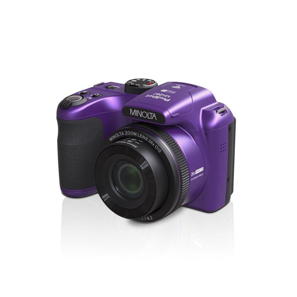 Minolta Minolta 20 Mega Pixels 26x Optical Zoom Digital Camera with 1080p FHD Video Bundle with 32 GB Memory Card + Vlogging Tripod + Cleaning kit + More Accessories - Purple