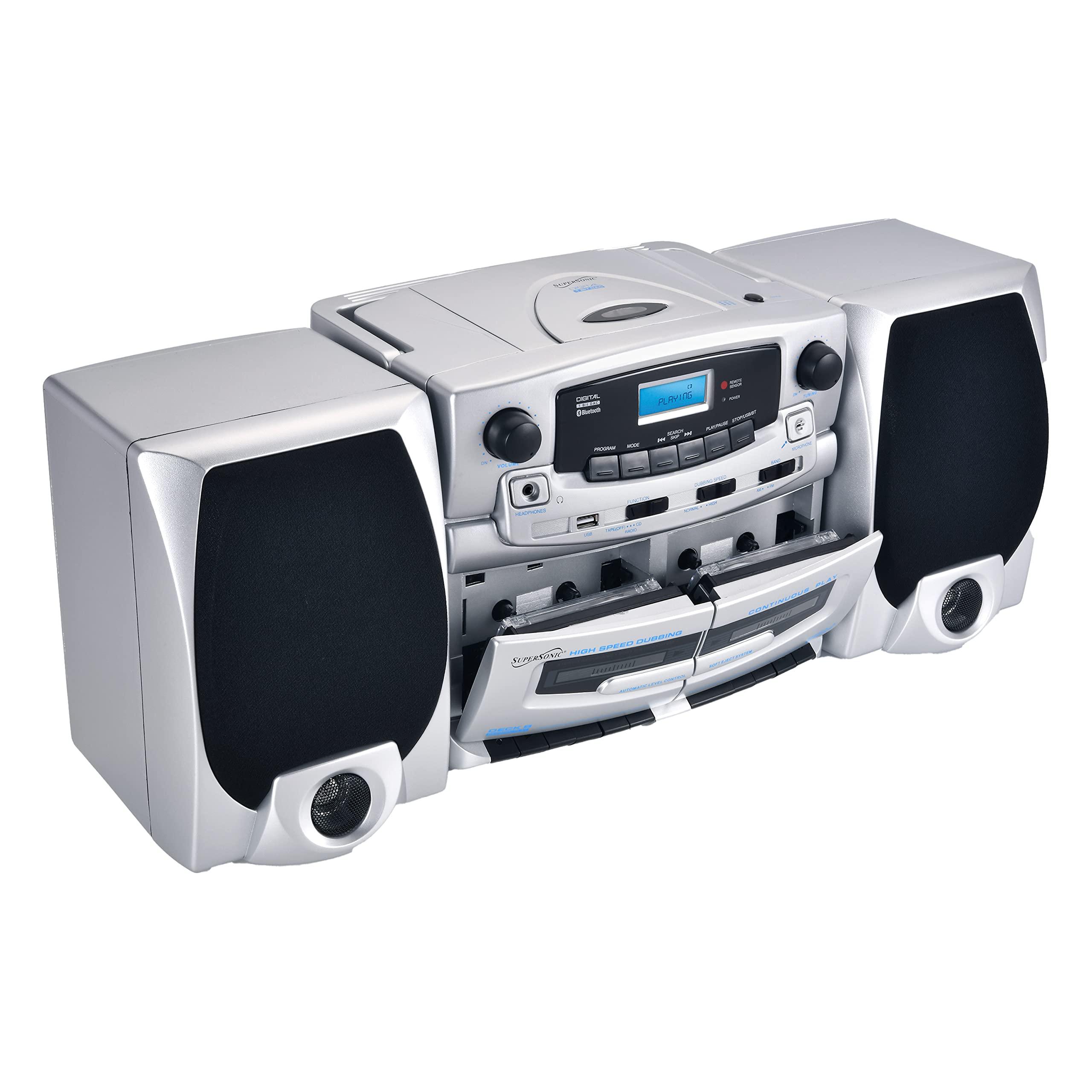 Supersonic Supersonic SC-2121BT Bluetooth Entertainment Audio System, Bluetooth 5.0, op Loading MP3/CD Player, AM/FM Radio, USB Input, Double Cassette Recorder, High-Performance Detachable Speakers, AC/DC