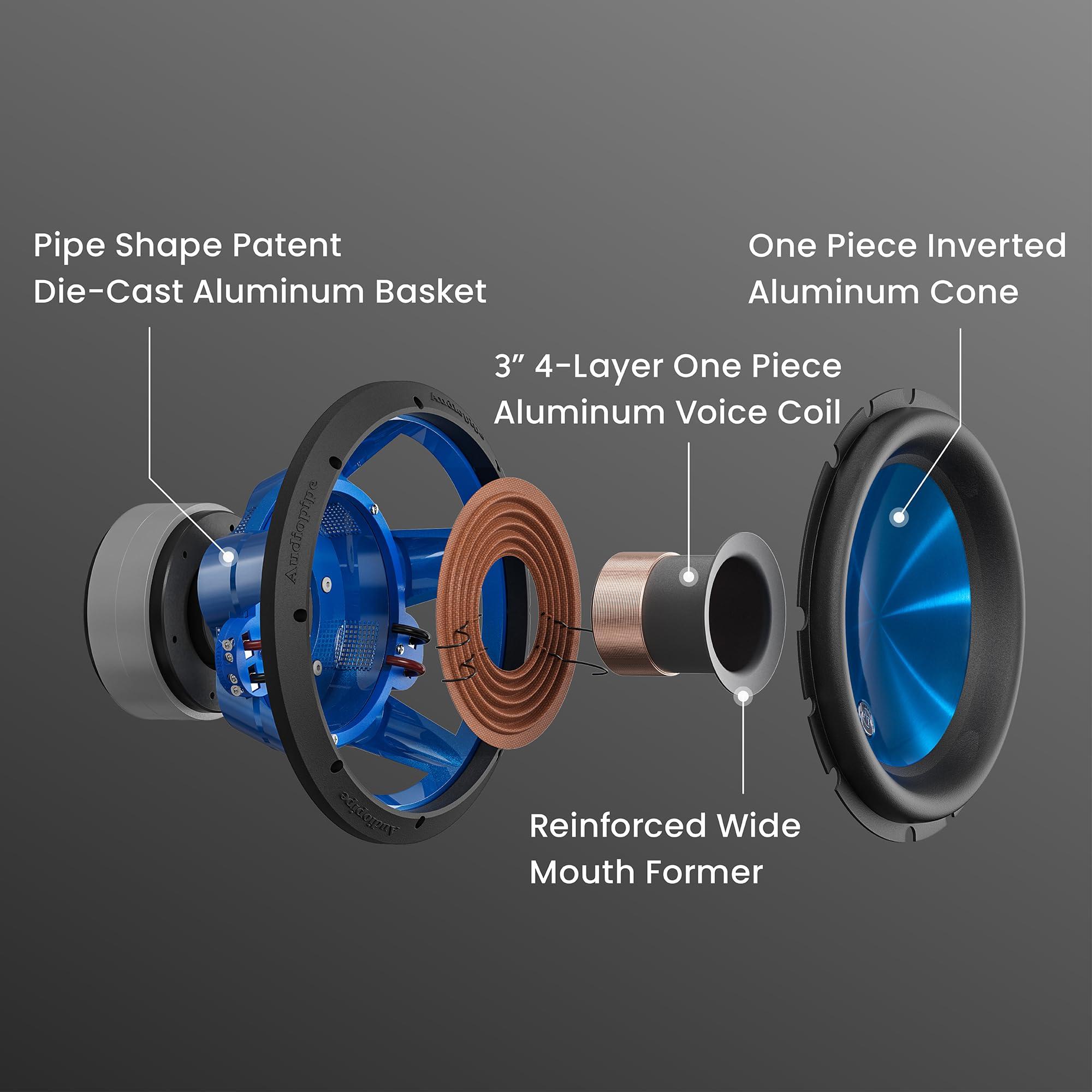 Audiopipe Audiopipe 12" Eye Candy Aluminum Cone Subwoofer (TXX-APD-12BL), Superior Performance, 1600 Watts, 120 Oz Magnet, BASV Voice Coil, Aluminum Basket, Sleek Candy Blue, Multi-Connect Terminals