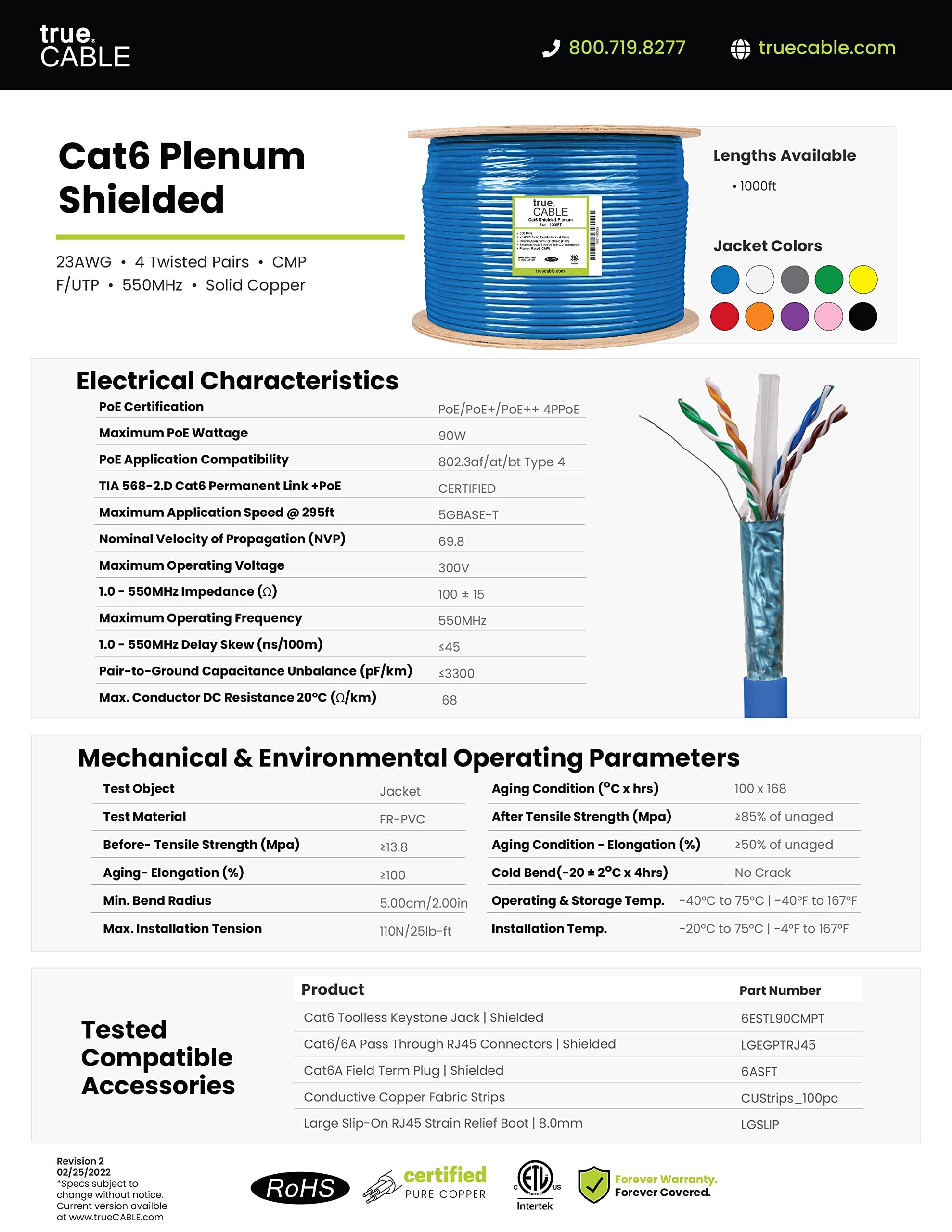 TRUE CABLE trueCABLE Cat6 Plenum Shielded (CMP), 1000ft, Gray, 23AWG Solid Bare Copper, 550MHz, PoE++ (4PPoE), ETL Listed, Overall Aluminum Foil Shield (F/UTP), Bulk Ethernet Cable