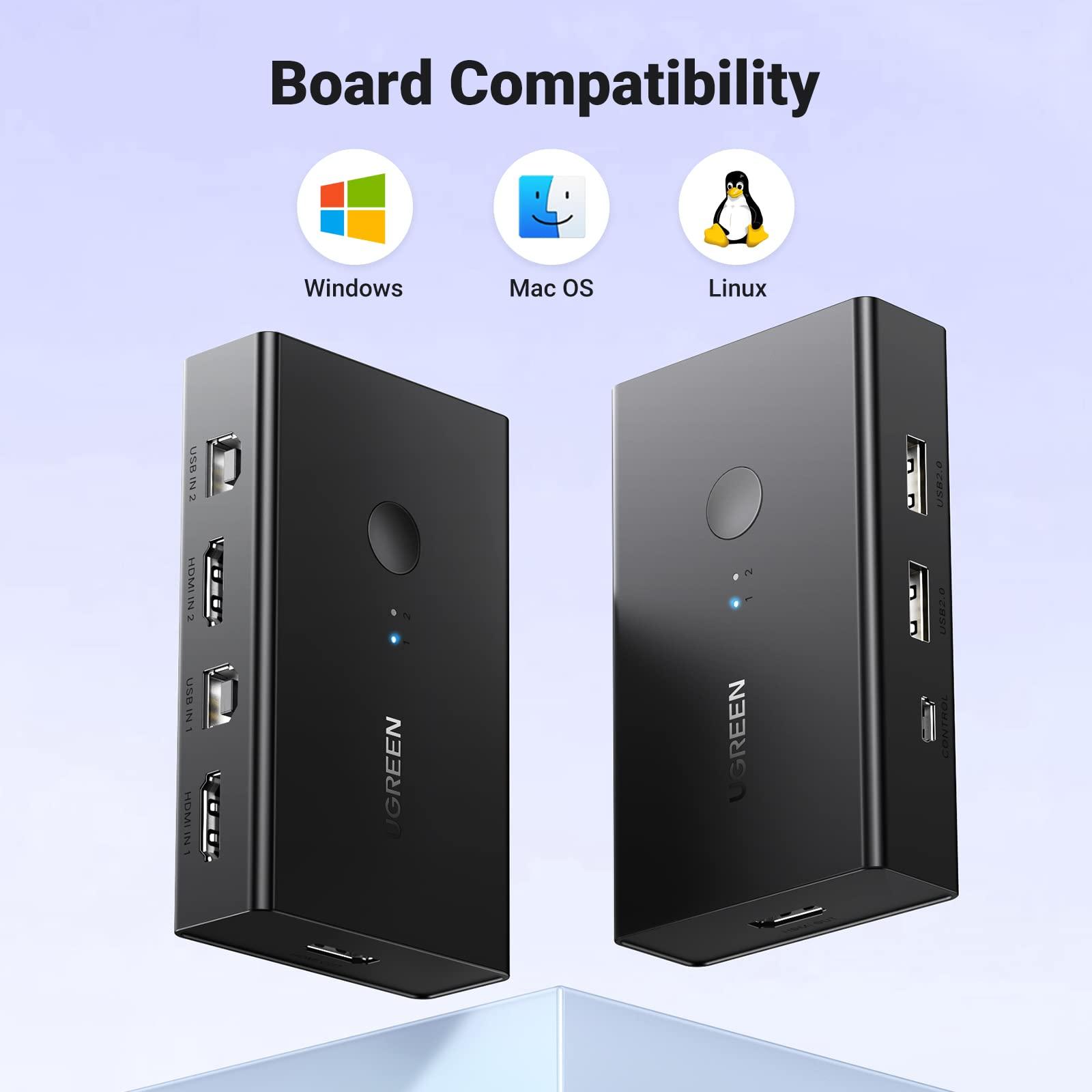 UGREEN UGREEN HDMI KVM Switch 1 Monitor 2 Computers, with 4 USB Ports, KVM Switches for Sharing One Monitor Keyboard Mouse Printer Support 4K@60Hz, Include 2 HDMI Cables, 2 USB Cables, Desktop Controller