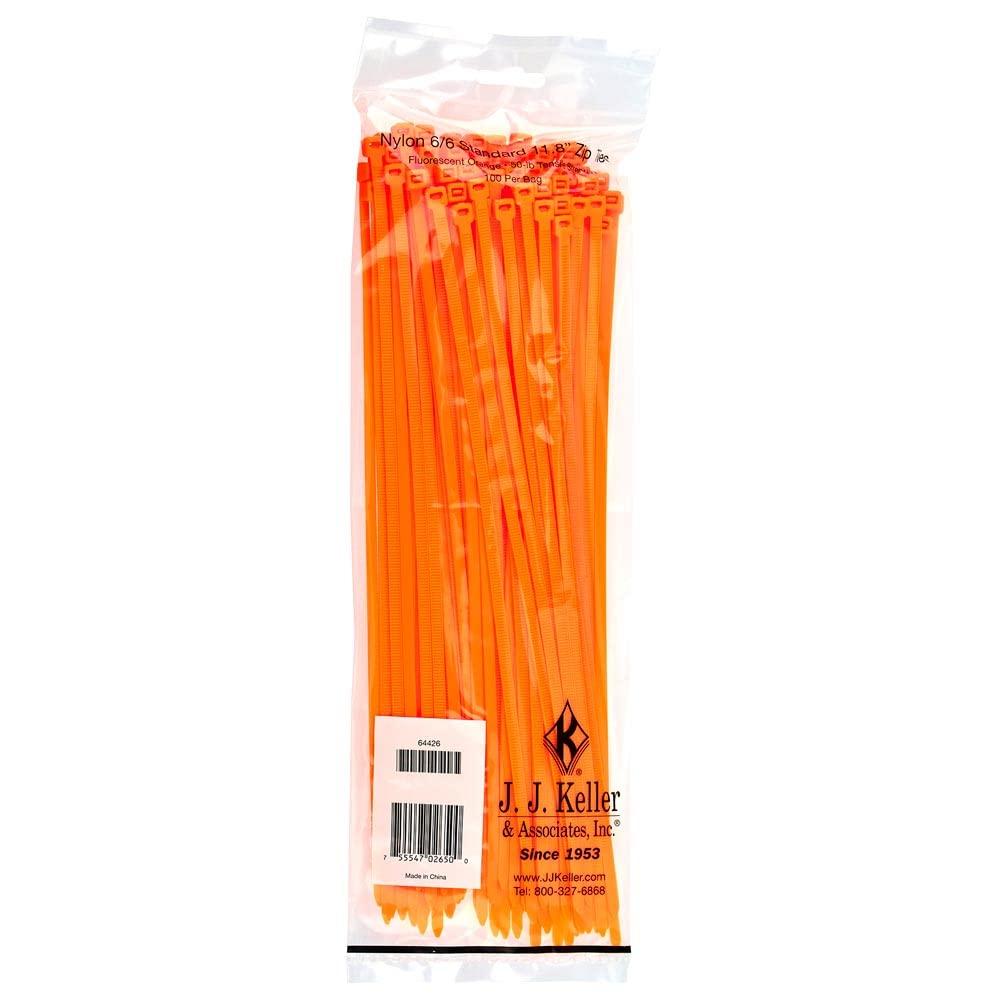 J. J. Keller & Associates, Inc. 11 Inch Zip Ties, Neon Orange, 100 Pack, 50 lbs. Break Strength, Standard-Duty Nylon Zip Ties, J. J. Keller & Associates, Inc.