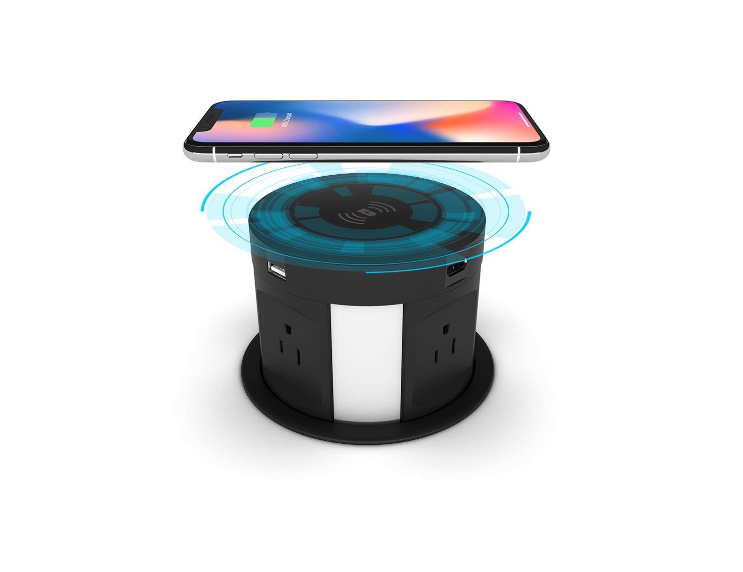 Kungfuking Automatic Pop Up Outlet Surge Protector Retractable Hidden Recessed Power Strip Power Socket with Wireless Charger USB Charging Station, 4US Plug+2USB+1RJ45 Port+1HDMI Port for Ofiice Conference