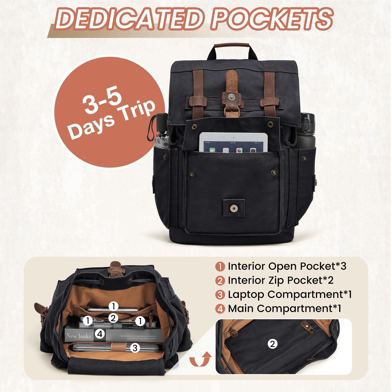 Kattee Kattee Mens Leather Canvas Backpack Large School Bag Travel Rucksack Black