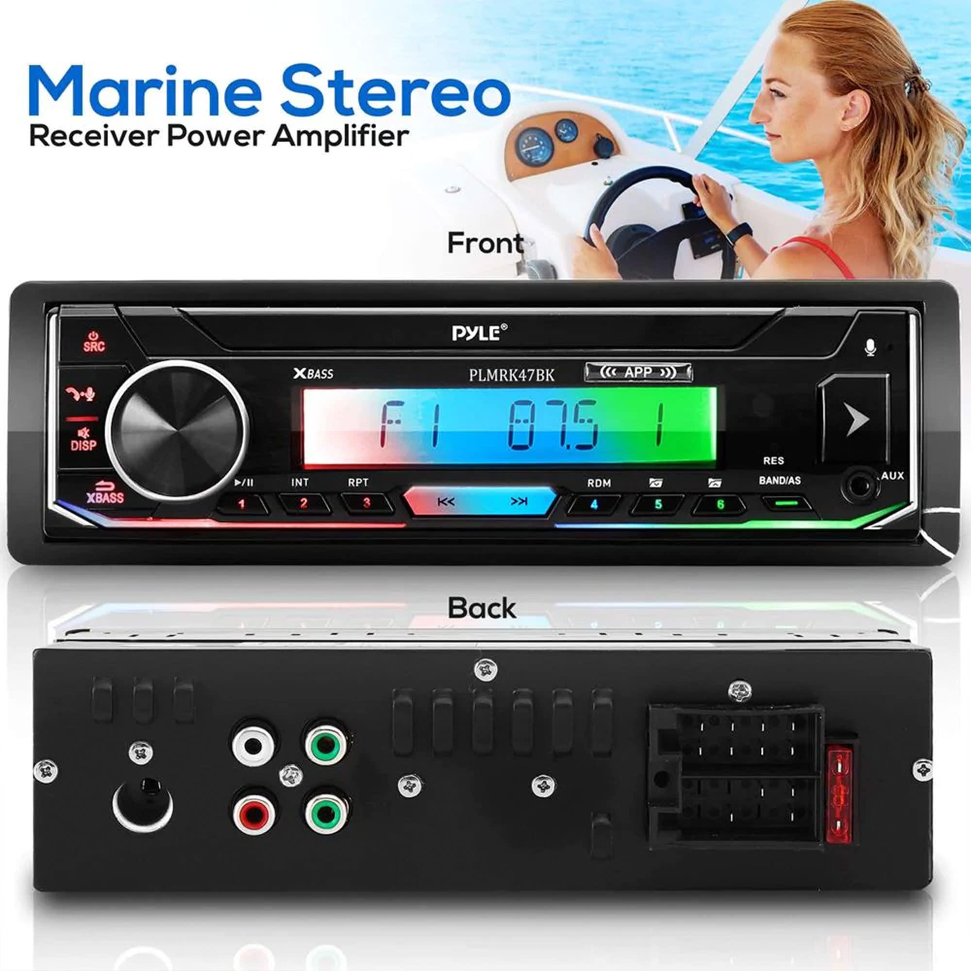 Pyle Pyle Bluetooth Marine Receiver Stereo & Speaker Kit 300W Single DIN Boat Marine Head Unit l LCD, Mic, Hands-Free Calling, AUX, MP3/USB/SD, AM/FM Radio, Remote - PLMRK47BK (Black)