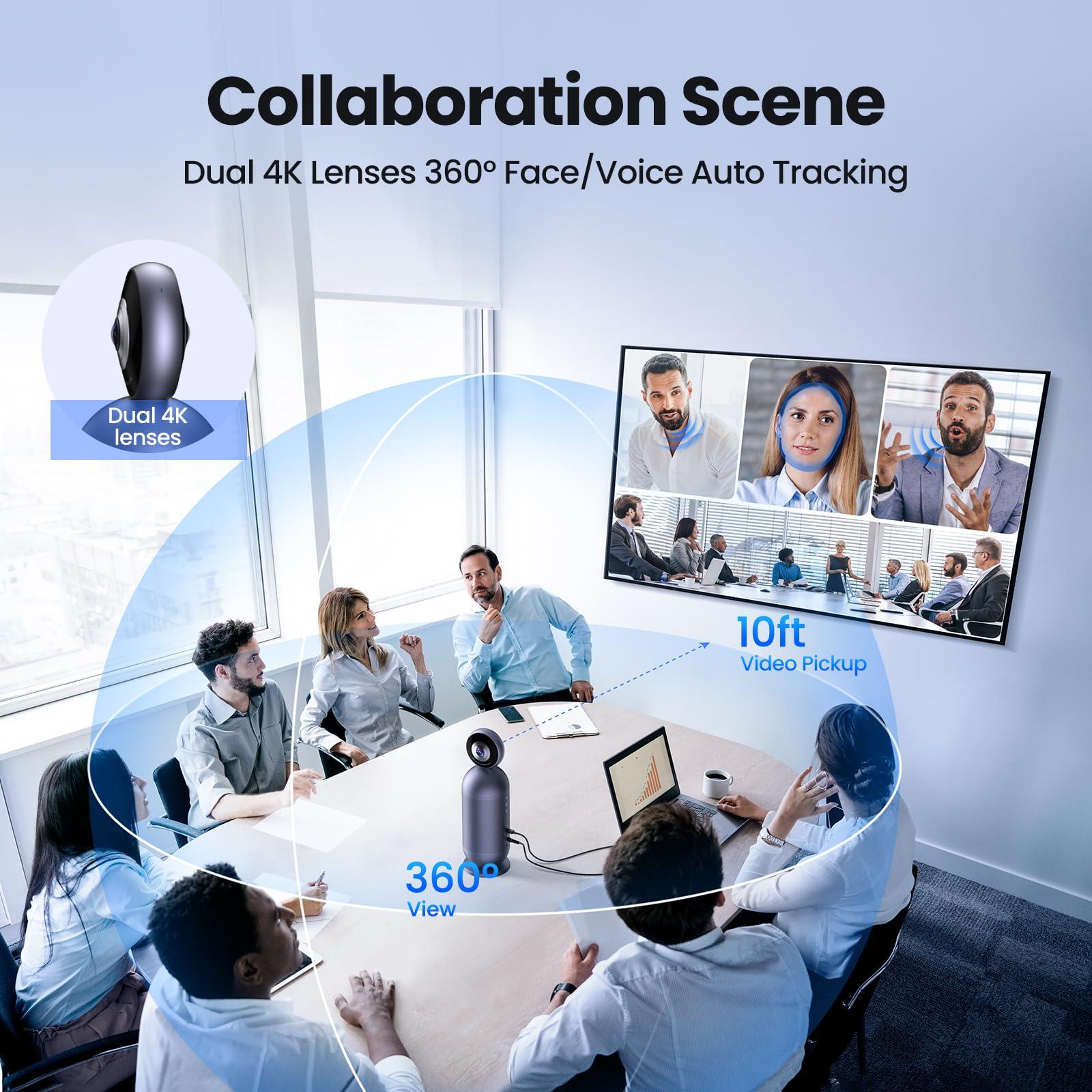 EMEET EMEET Meeting Capsule Pro, Dual 4K Lenses 360 Auto-Tracking Speakers Video Conference Camera w/ 10 Mics 10W Speaker, AI auto Voice/Face/Figure Tracked, for 10 People