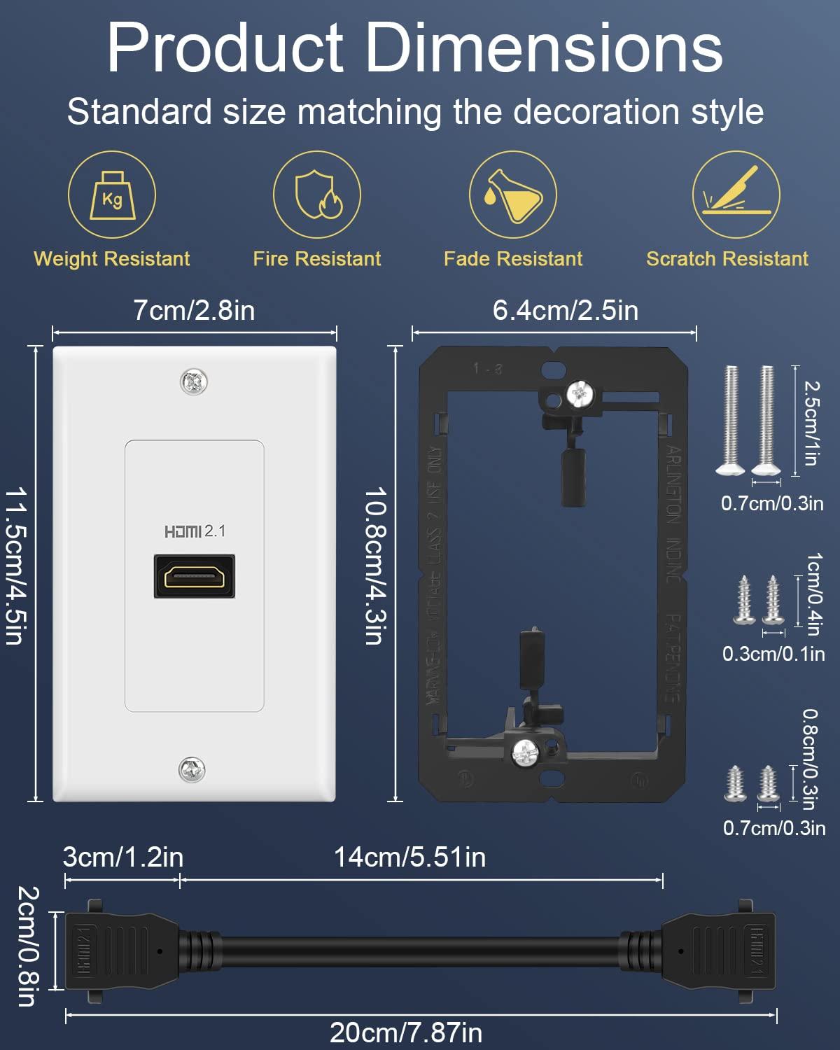 ELECTOP HDMI 2.1 Wall Plate, ELECTOP 8K HDMI Wall Outlet Pass Through with Low Voltage Metal Mounting Bracket, Supports 8K@60Hz and 4K@120Hz, 3D, HDR, 48 Gbps HDMI Box, Fits Home Theater Systems